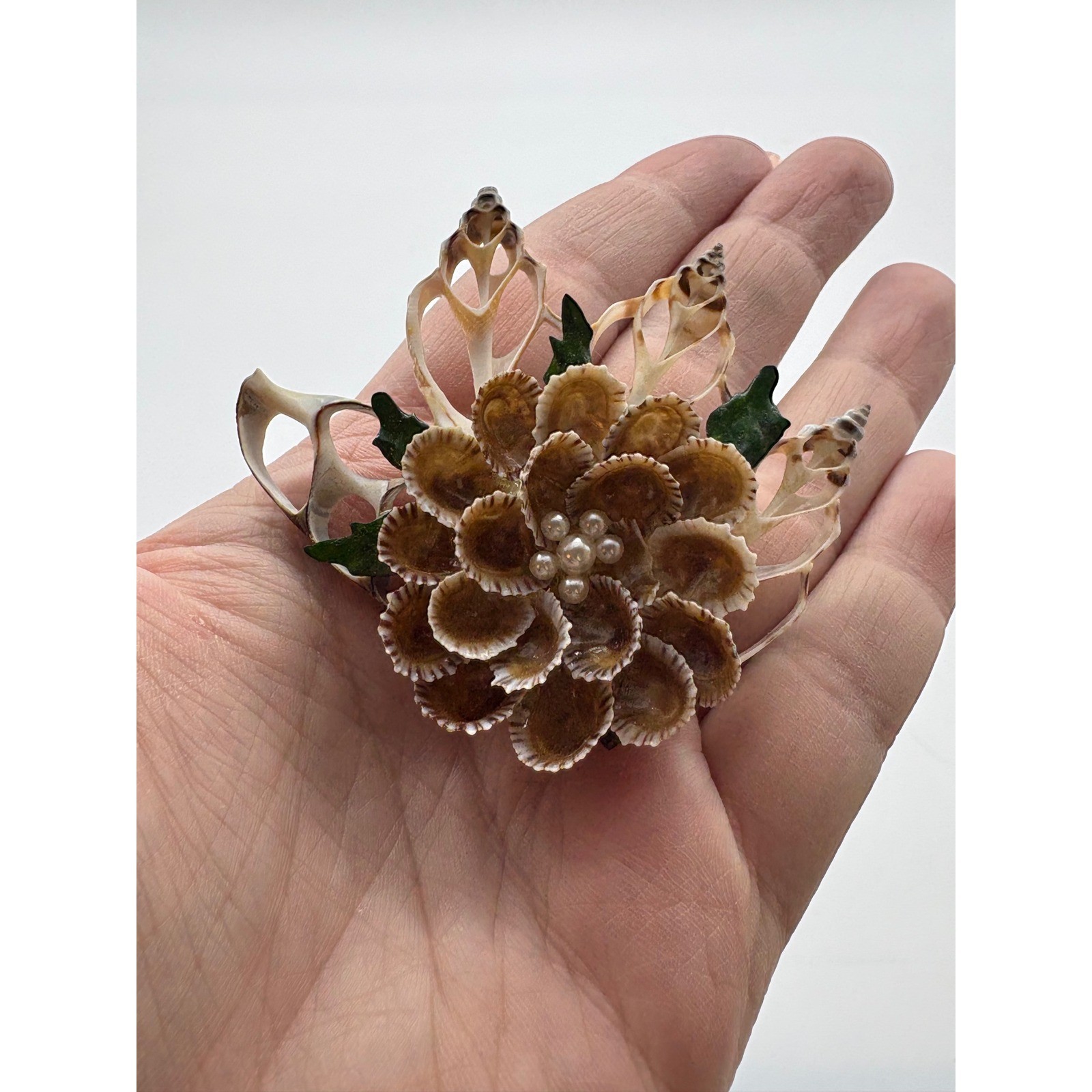 Vintage Natural Sea Shell Flower Brooch with Faux Pearl Accents Coastal Pin