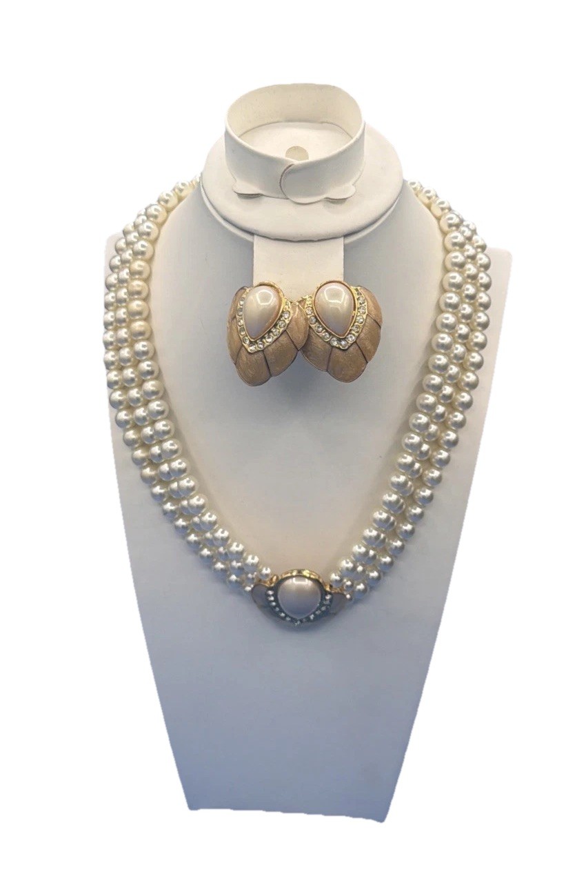 Vintage Necklace & Clip-On Earrings Set – 3‑Strand Faux Pearls Rhinestone Center