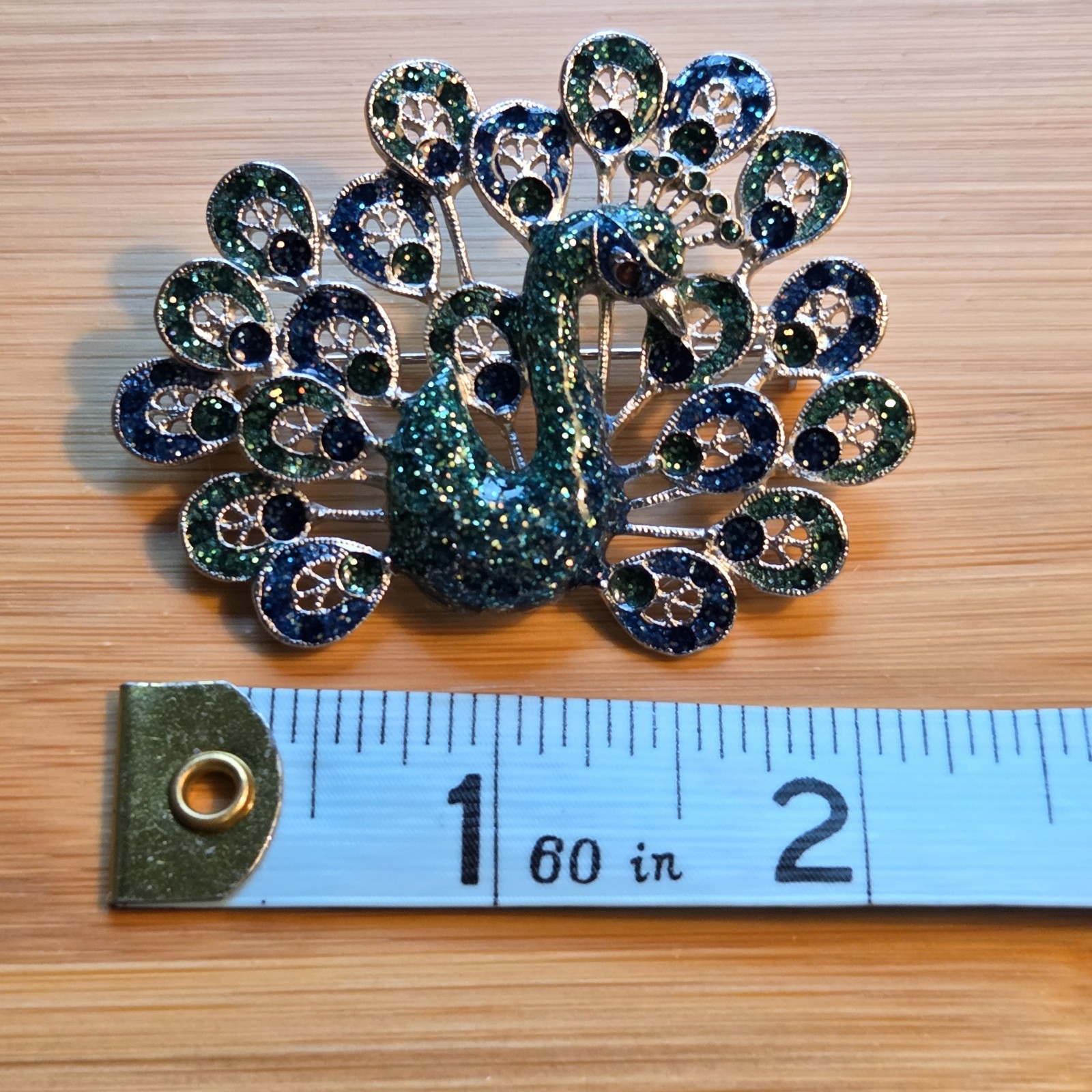 Vintage Unsigned Green Blue Enamel Peacock Bird Glitter Silver Tone Brooch Pin