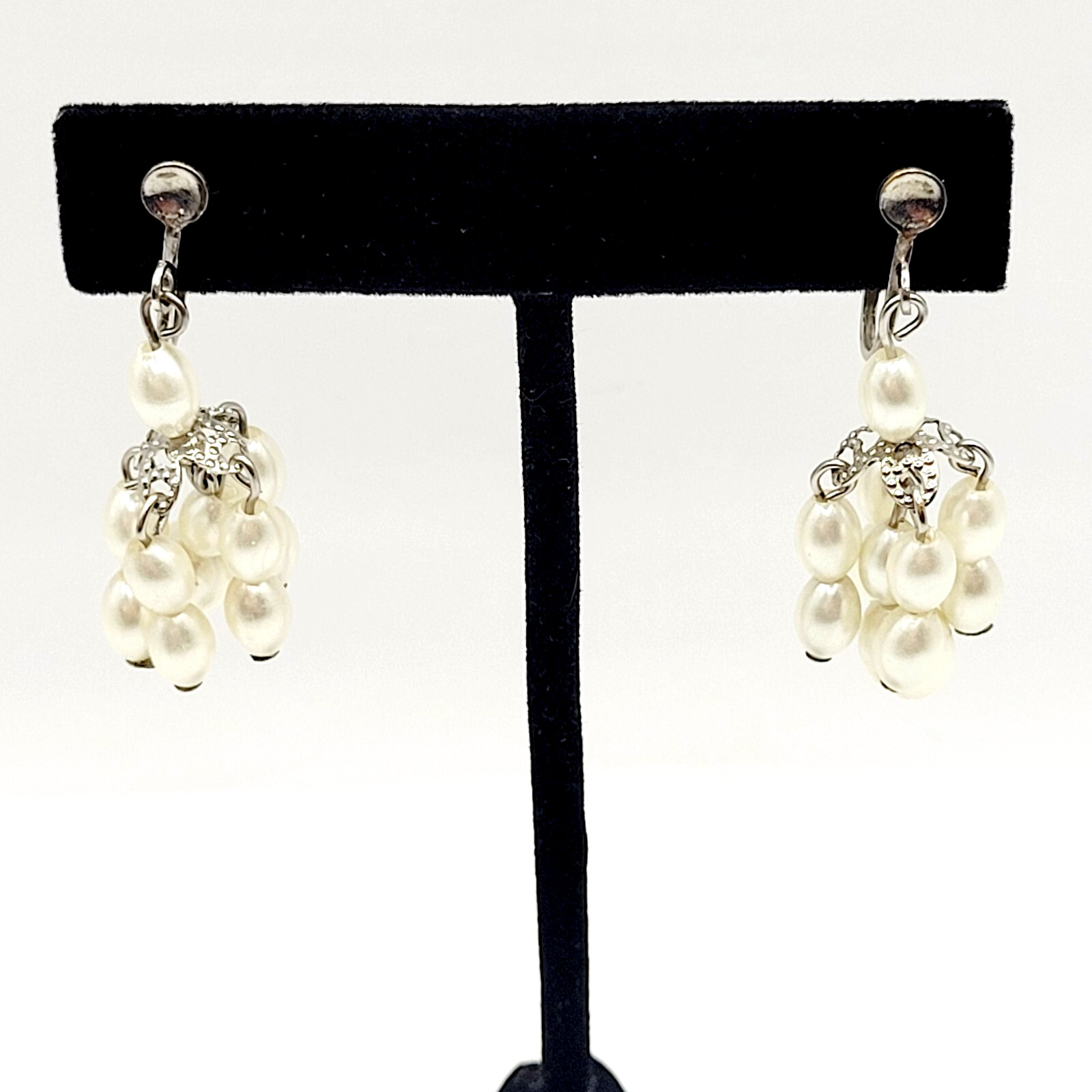 Faux Pearl Drop Dangle Cluster Silver Tone Clip On Fancy Vtg Costume Earrings
