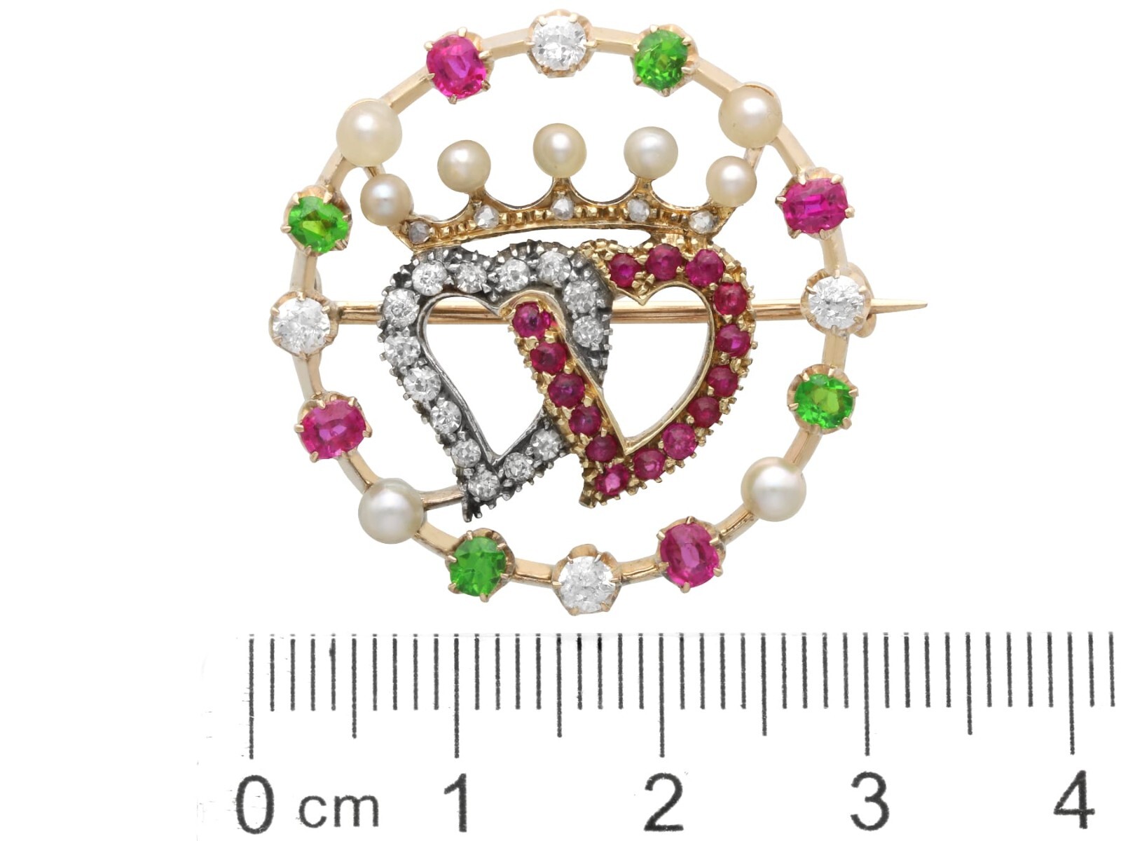 Pearl, 0.30Ct Demantoid Garnet, 0.45Ct Ruby, 0.35Ct Diamond, 14k Gold Brooch