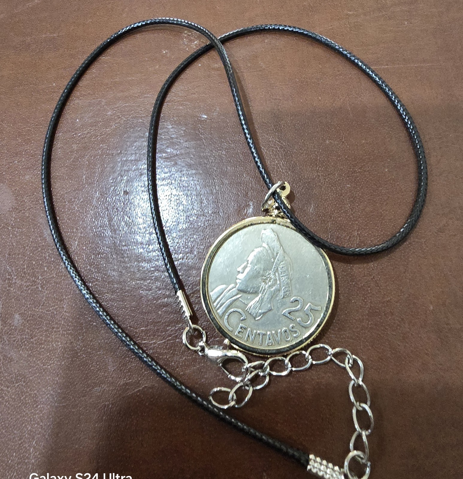 Coin Pendant Necklace Guatemala 1965 with Black Cord Vintage Jewelry Gift