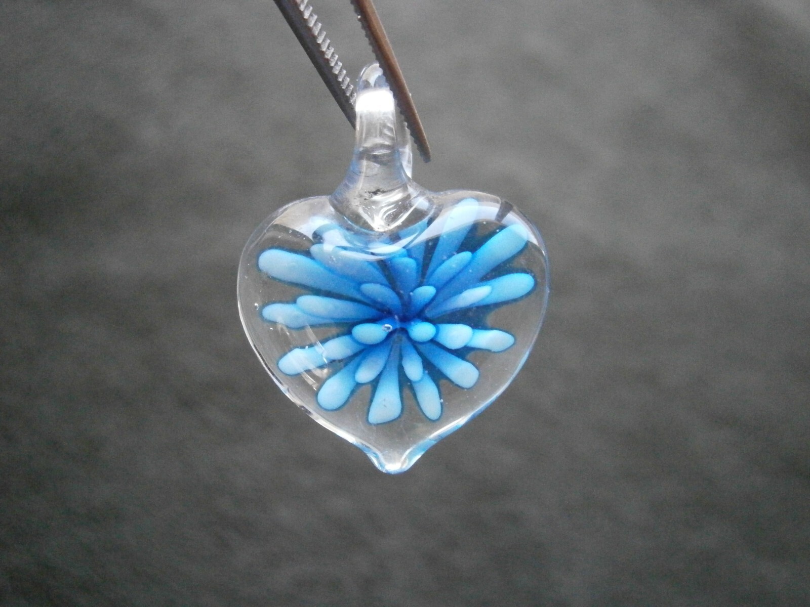 Handblown Blue Flower in Heart Vintage Glass Pendant 3.3g