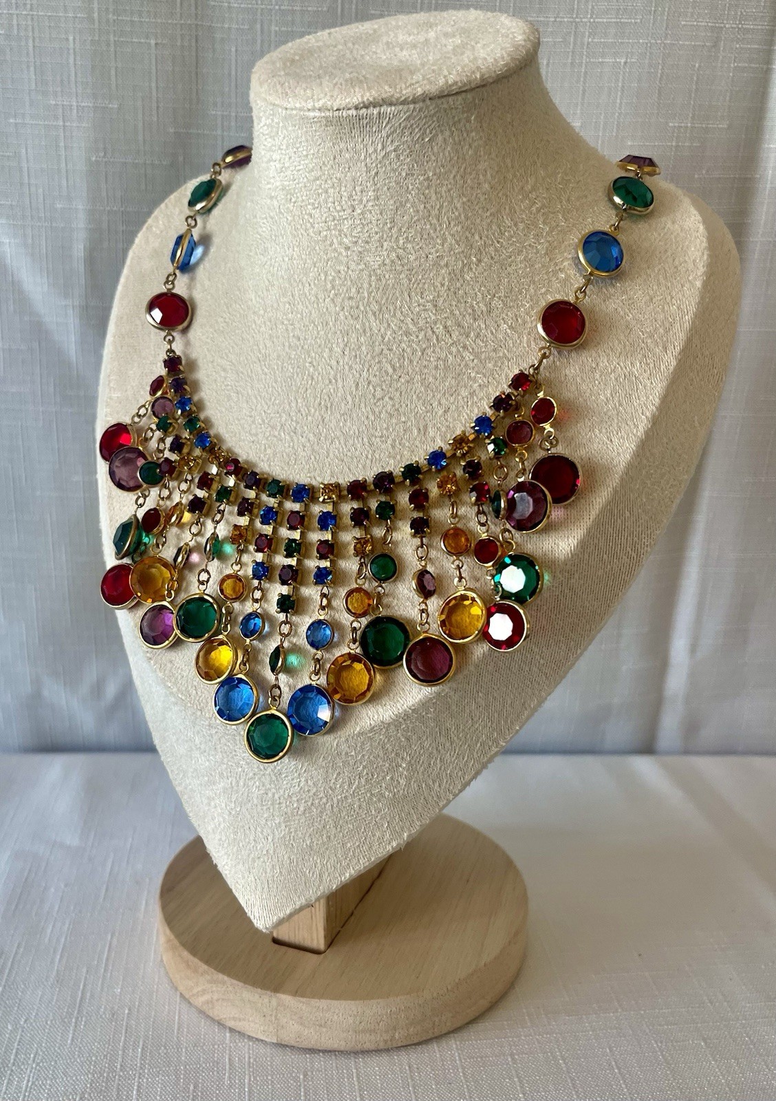 Vintage Signed Miriam Haskell Rainbow Glass Bib Necklace