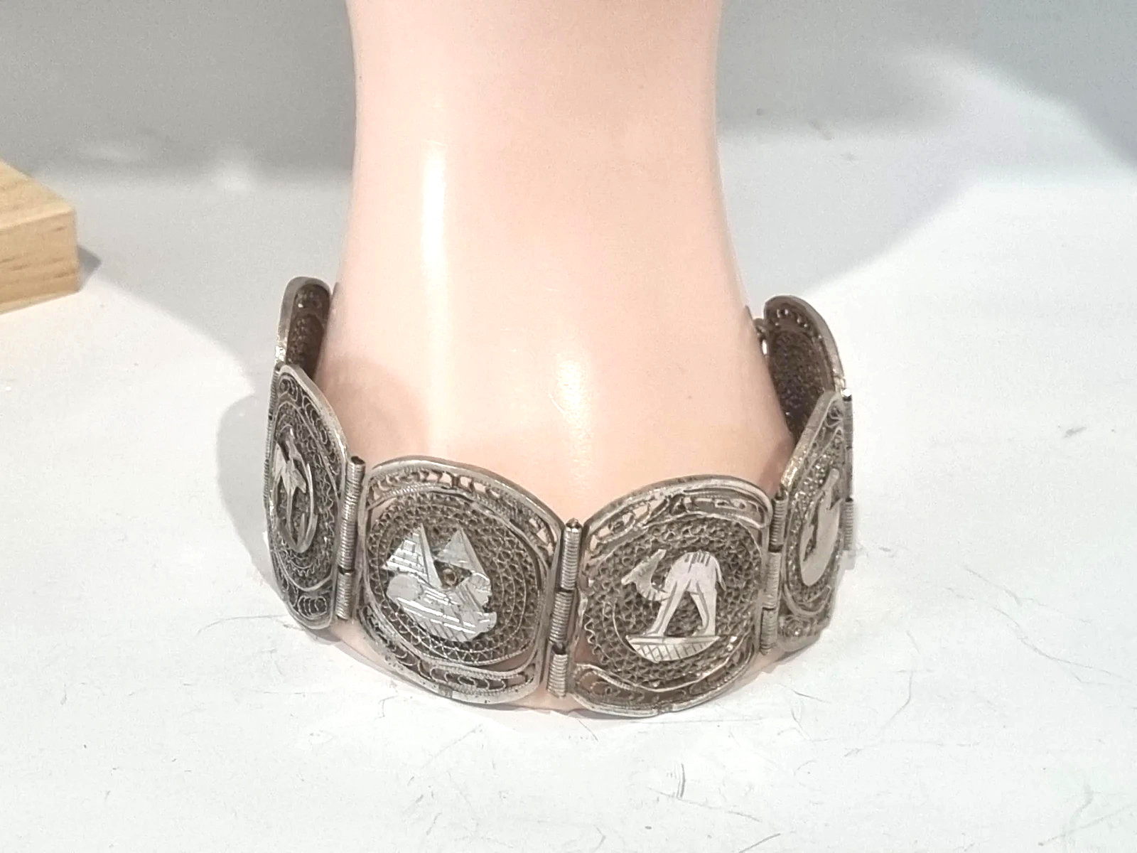 Vintage 12k White Gold Fill Sterling Egyptian Theme Filigree Bracelet See Video
