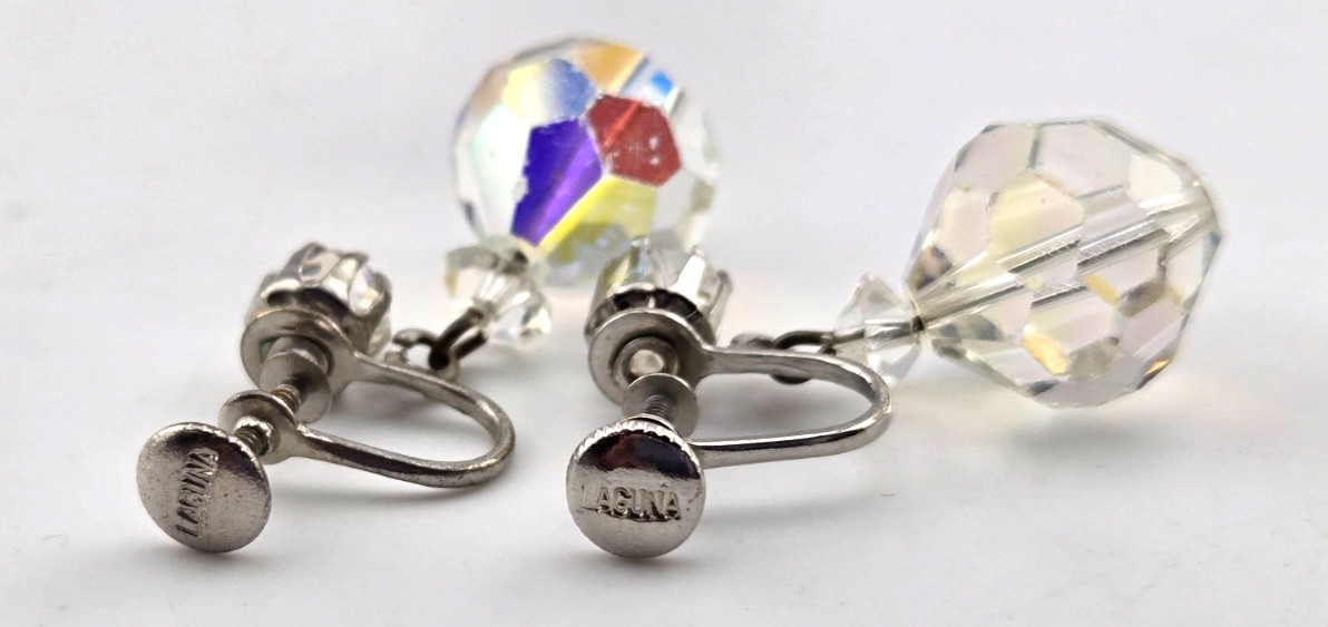 Laguna Clip On Earrings Crystal Drop Signed Vintage Screw Back