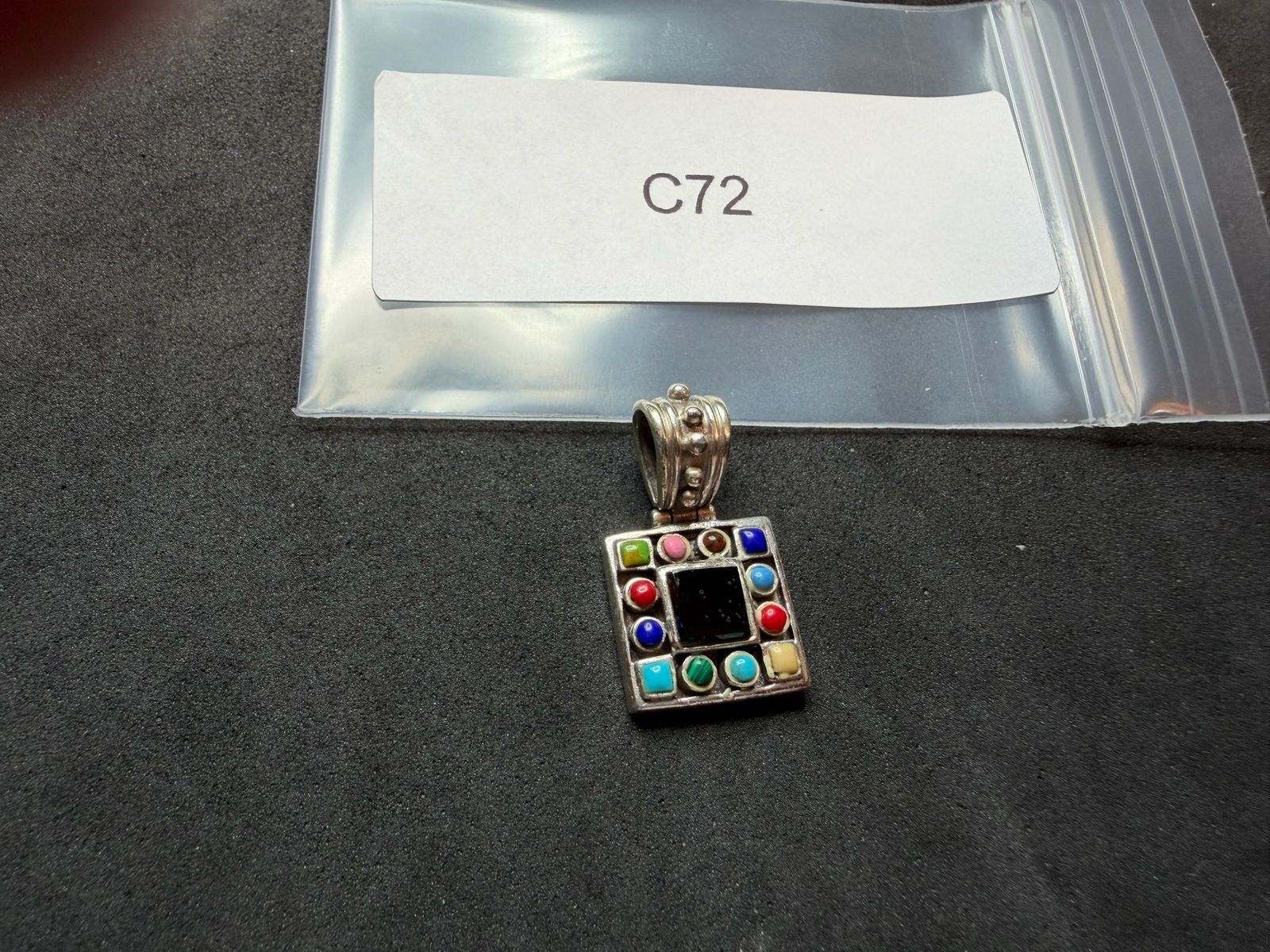5.00g Vintage Sterling Silver 925 Multi Color Inlay Square Pendant M