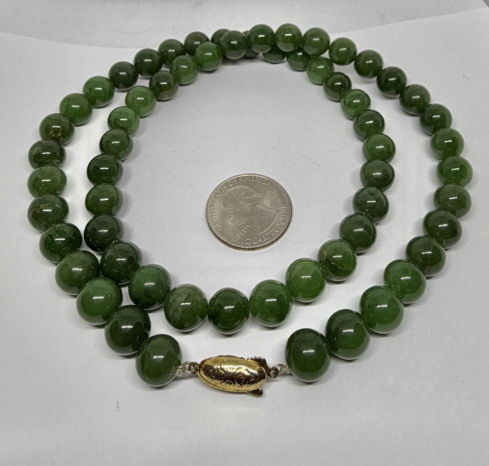 Vintage 8mm Dark Green Jade Beads Necklace Goldtone Clasp 23”