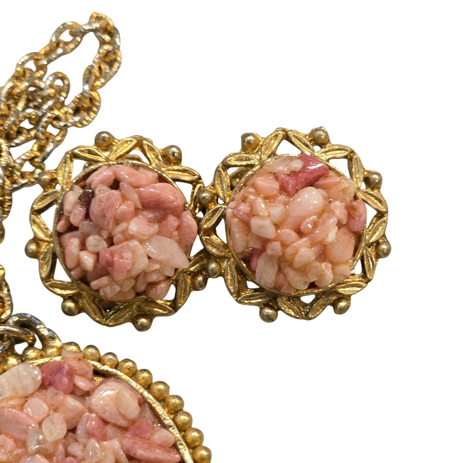 Vintage Pink Agate Chip Necklace and earring set Pendant retro costume Jewelry