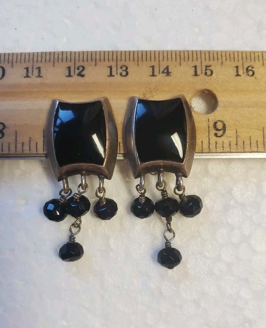 Vintage Barse Sterling Silver Earrings Onyx Stones Drop Dangle clip on 925