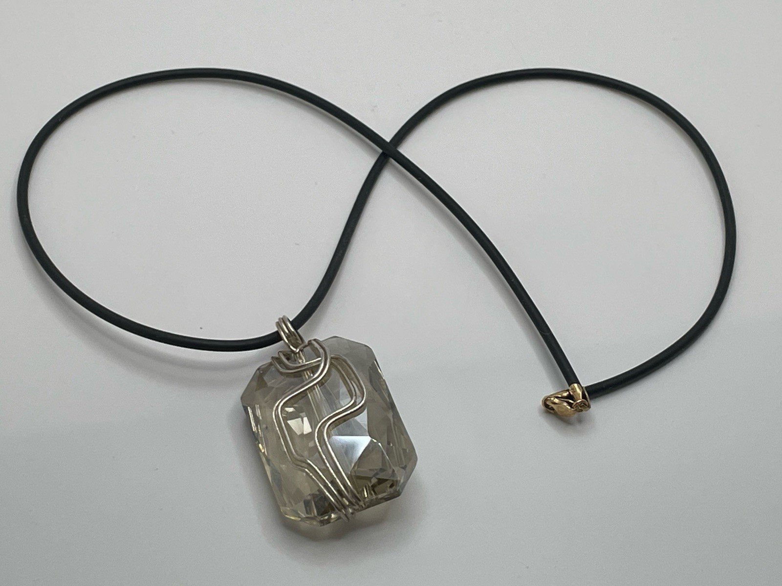 18” Black Rubber Cord Necklace 14K Gold Lobster Claw Clasp Crystal MOD Pendant