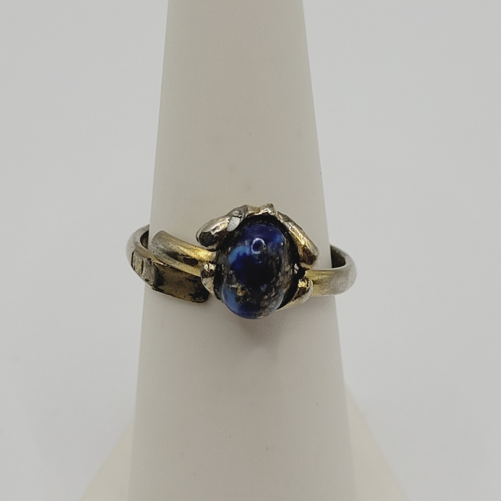 Antique Lapis Lazuli Small Domed Stone w Specks Ring Adjustable Worn Distressed