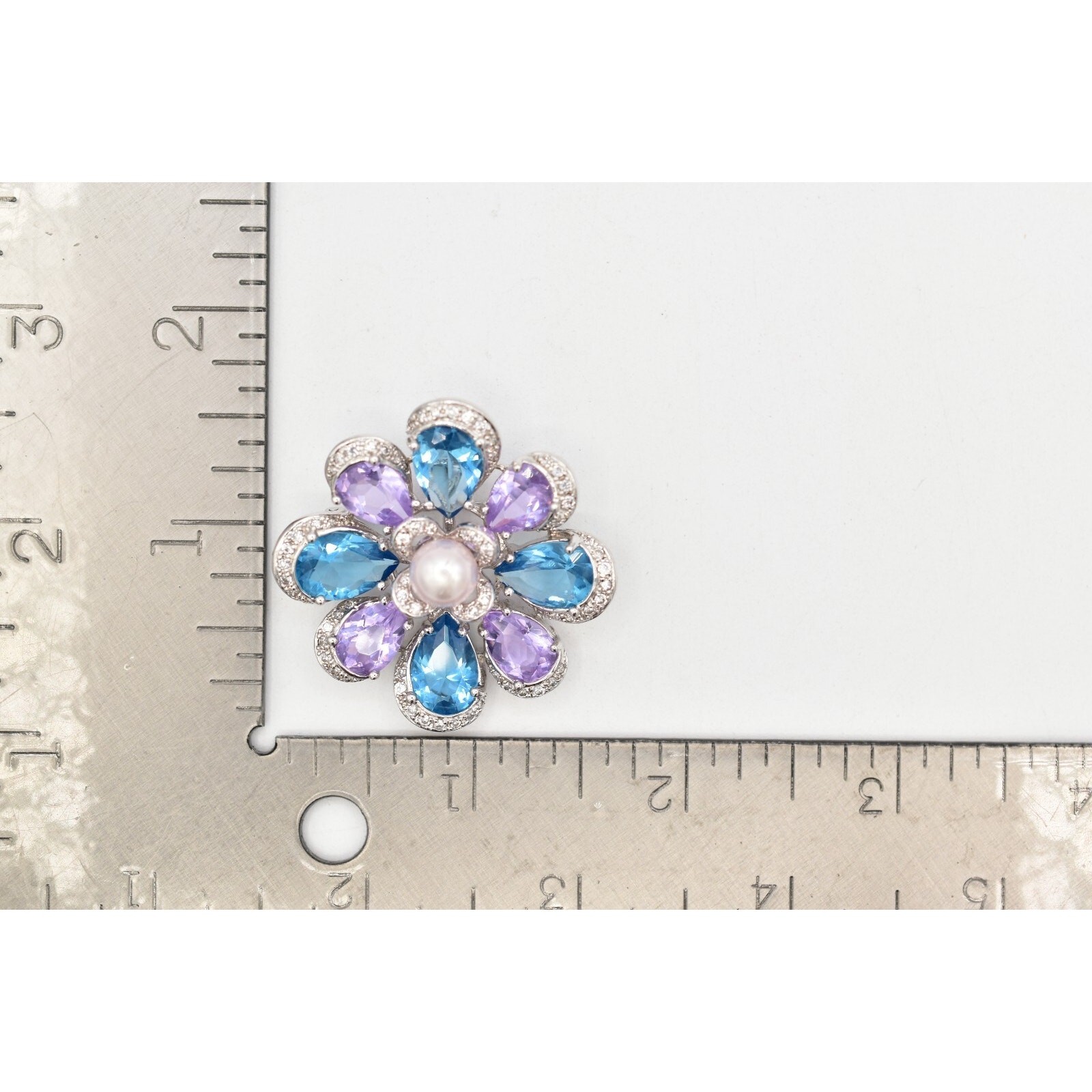 925 Sterling Silver Crystal Flower Pendant Pin Brooch Purple Blue Signed BinBI