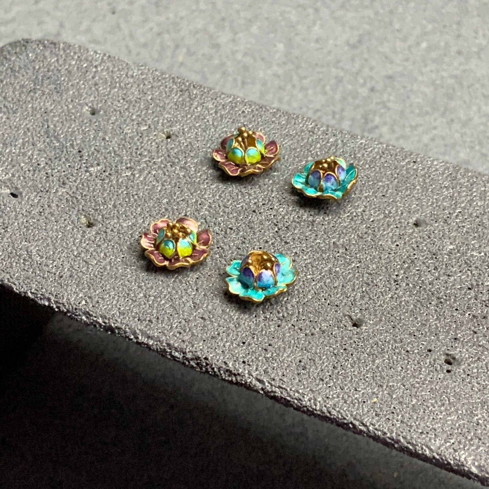 Tiny Flower Stud Earrings 3/8 In 2 Pairs Purple Blue Green Gold Vintage Floral