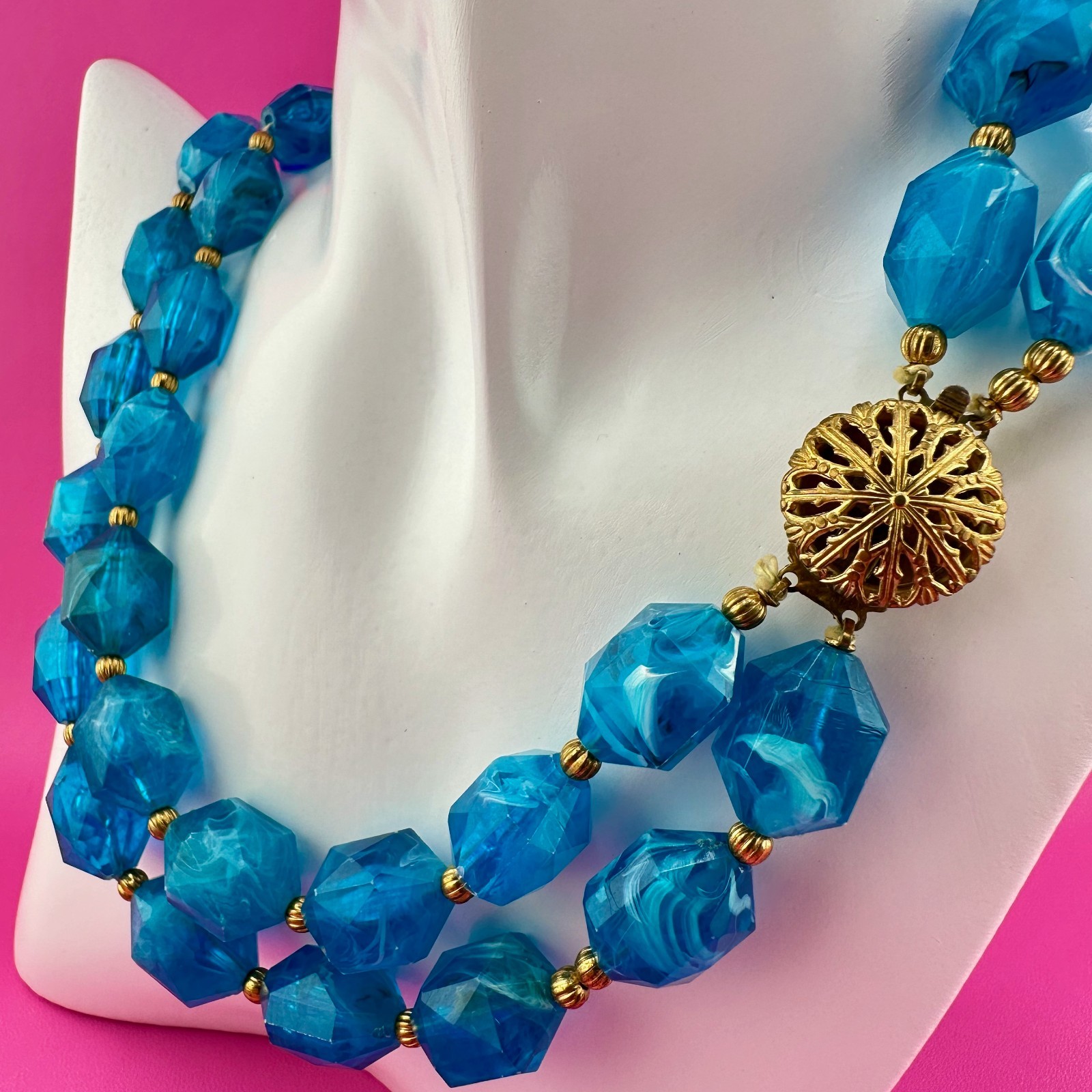 Vintage Necklace Aqua Blue Marbled Acrylic 2 Strand Filigree Clasp Faceted Bead