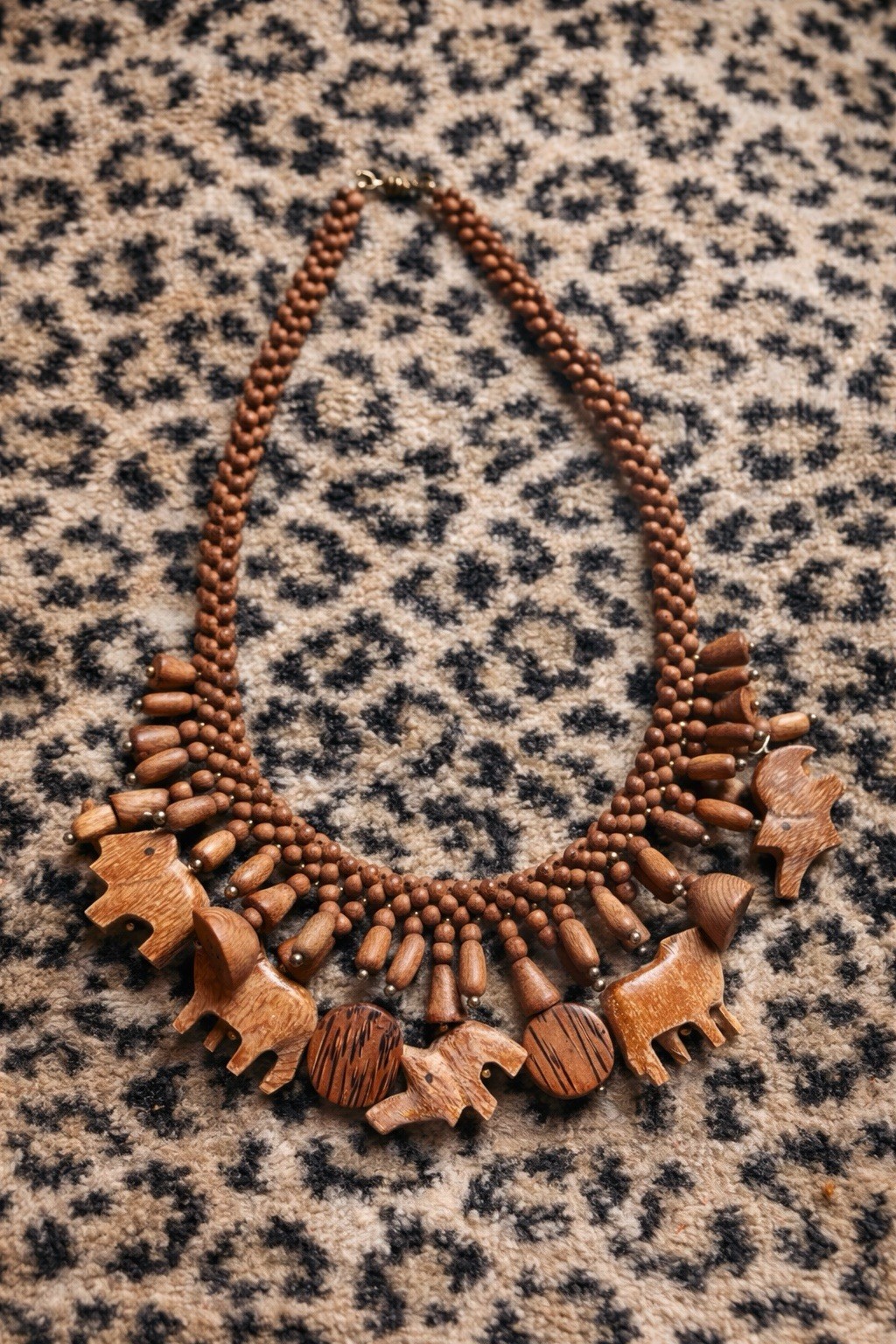 Vintage 1960s Barrel Clasp Hand Carved Wooden Animal Necklace Safari Figural