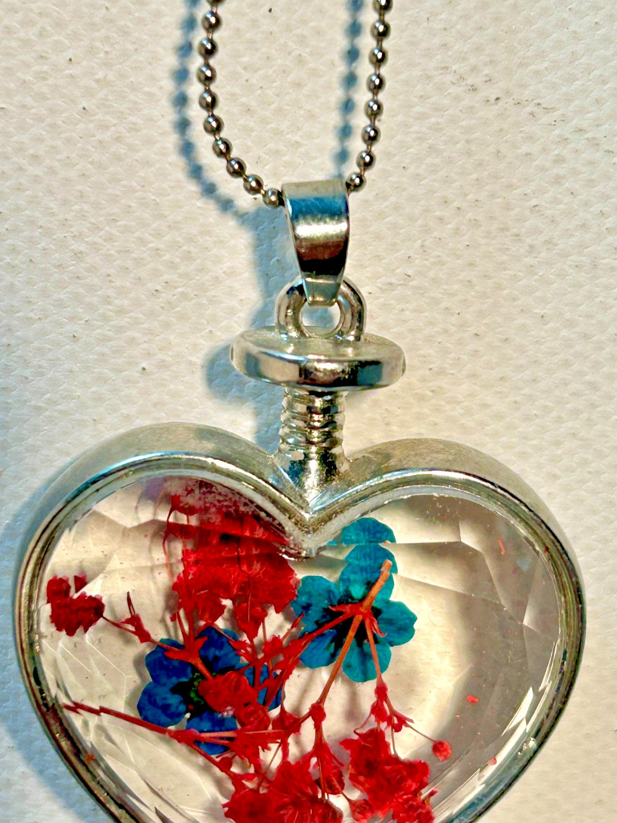 Vintage Heart Pendant Necklace Blue and Red Pressed Flowers
