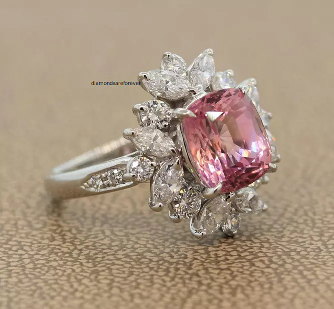 Featuring a Rare 4.84CT Pink Padparascha Sapphire & White CZ Cluster Fine Ring