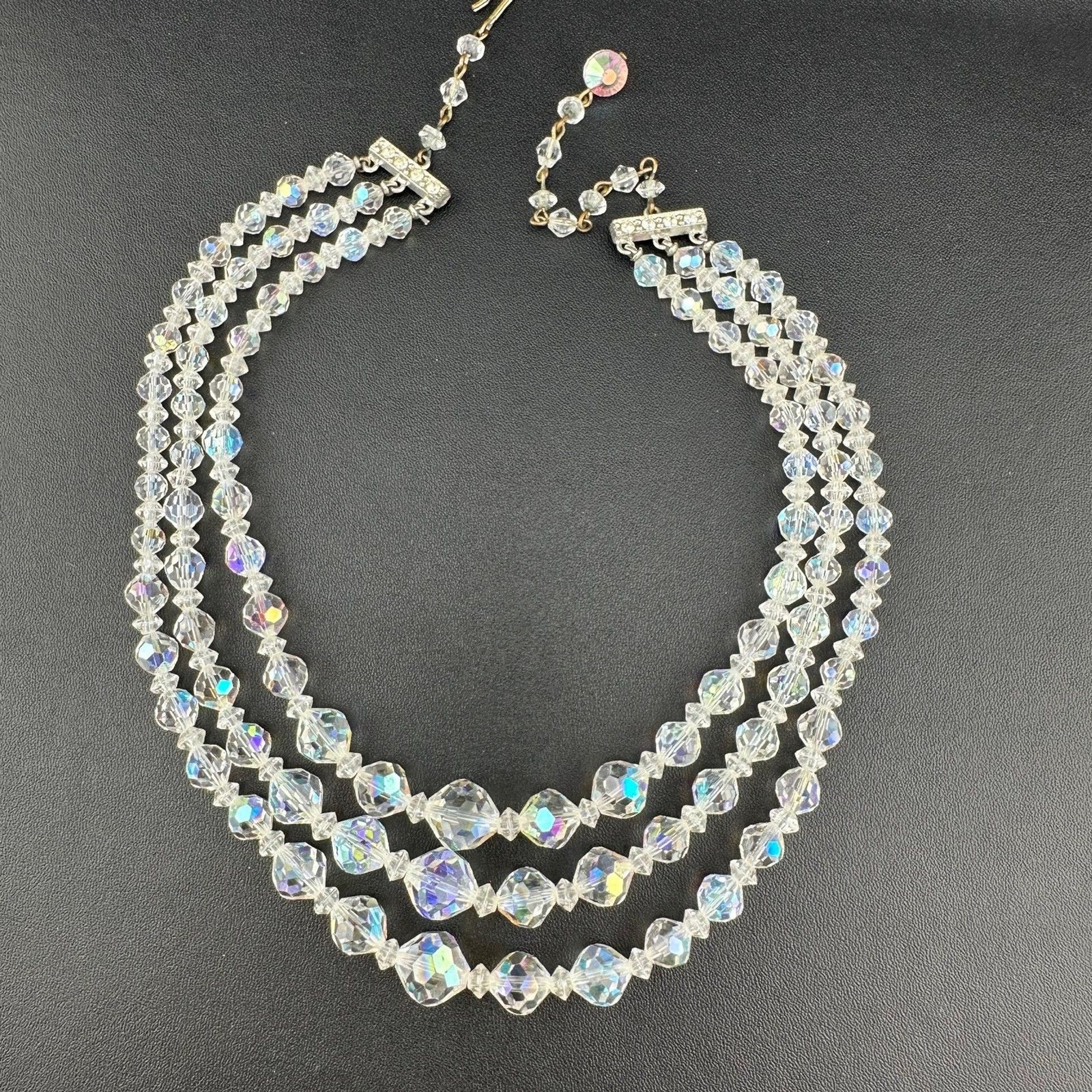 Vintage Aurora Borealis Necklace Crystal Faceted Three Strand Adjustable Hook