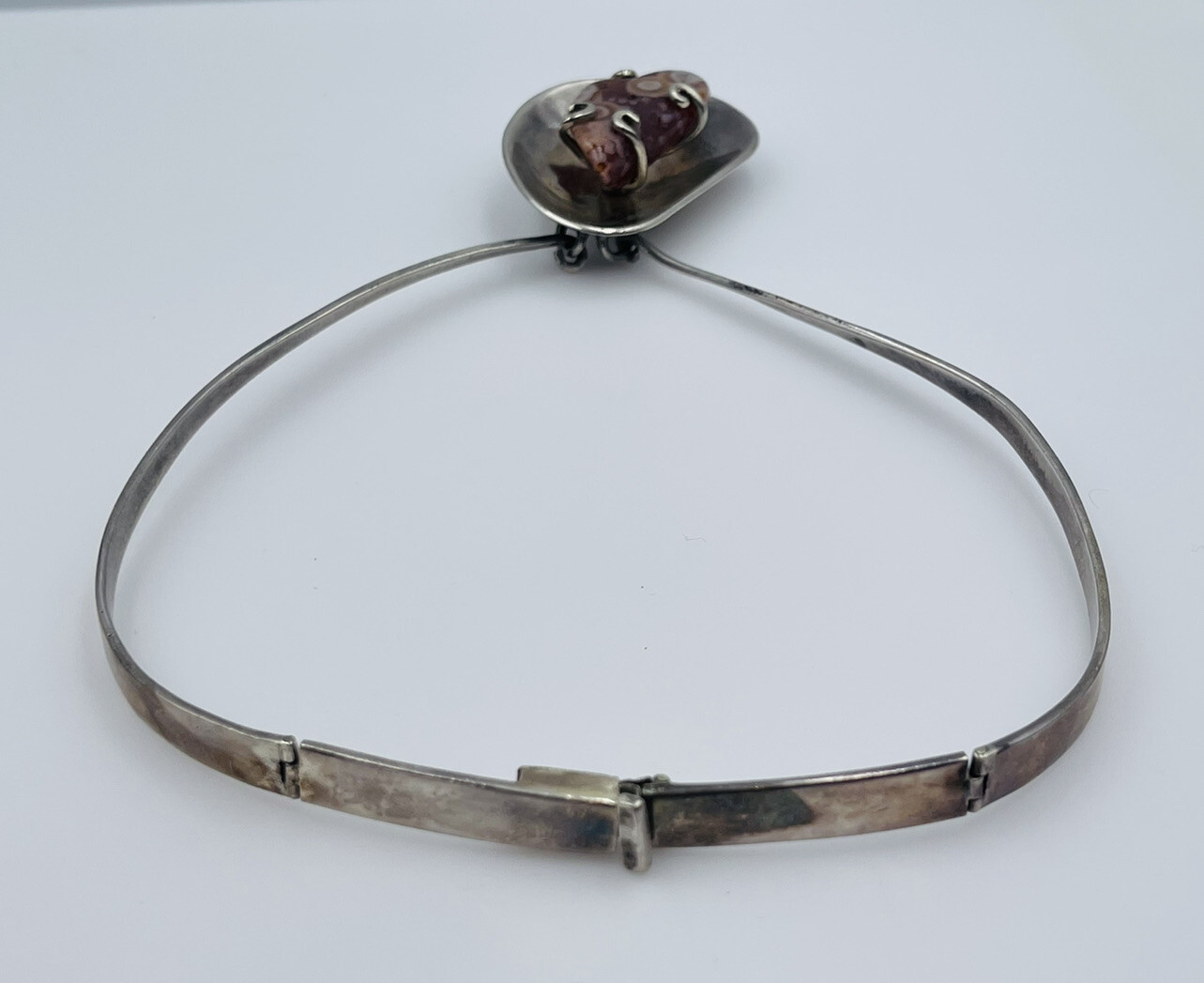 Los Castillo Vintage Mexican Sterling Silver Agate Neck Ring Modernist Necklace