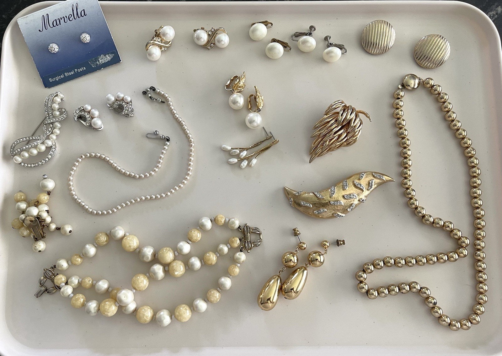VINTAGE Marvella Jewelry LOT Faux Pearls Necklace, Earrings Rhinestone brooch