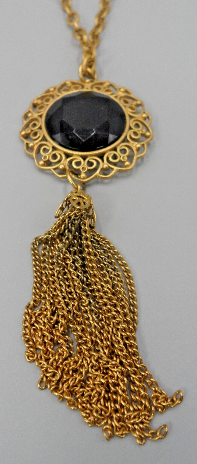Victorian Revival Tassel Pendant Necklace Cannetile Filigree Hearts Long Chain