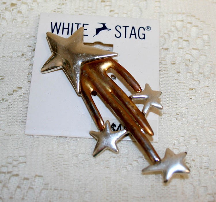 Vintage New 3″ White Stag Gold-Silver Star Burst Brooch