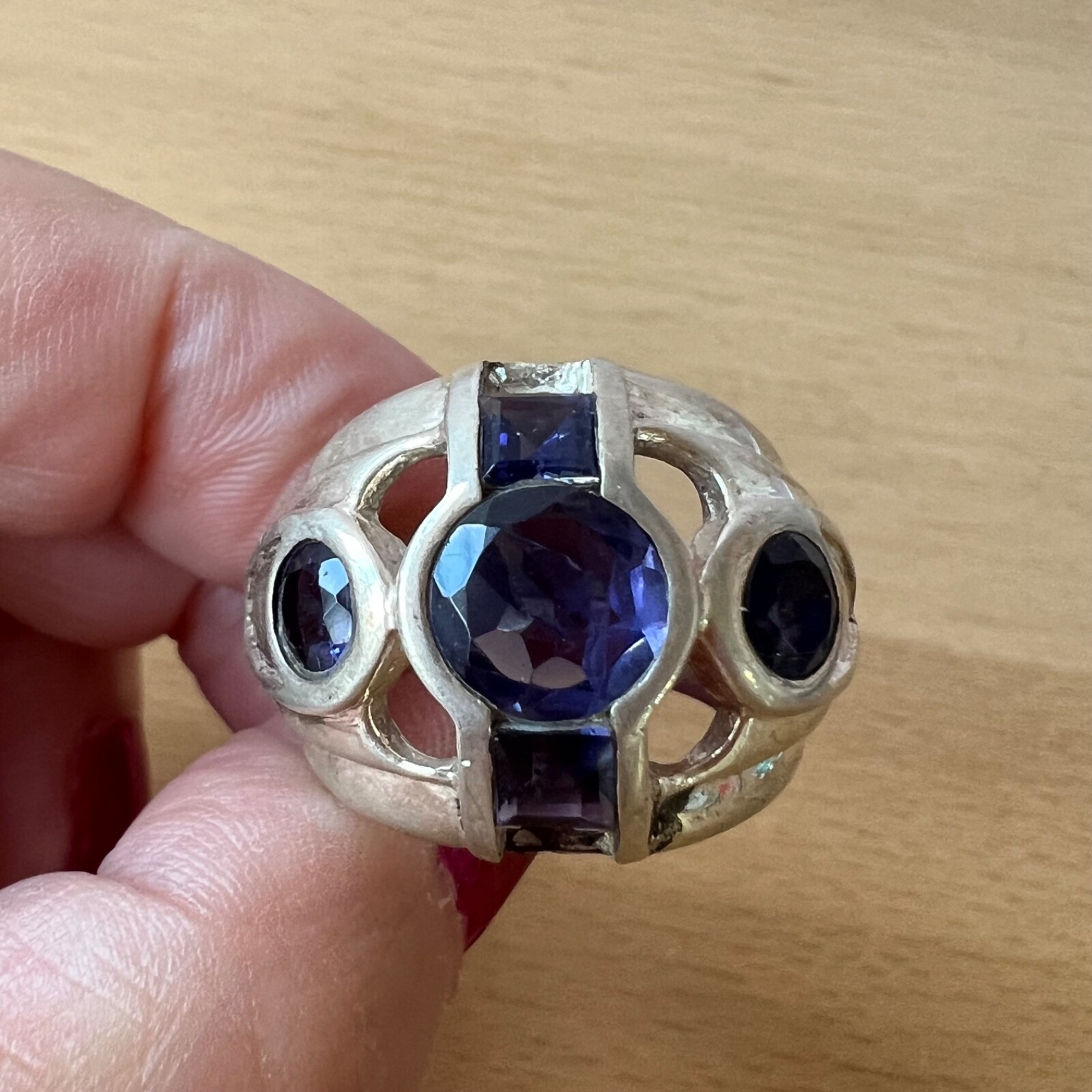 VINTAGE TANZANITE & IOLITE WIDE BAND RING 925 STERLING SLVER UNIQUE HEAVY CHUNKY