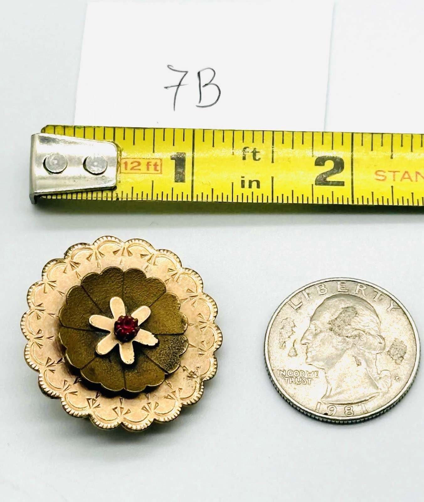 Vtg Unmarked Antique Victorian Gold Filled Red Glass Stone Flower Pin Brooch