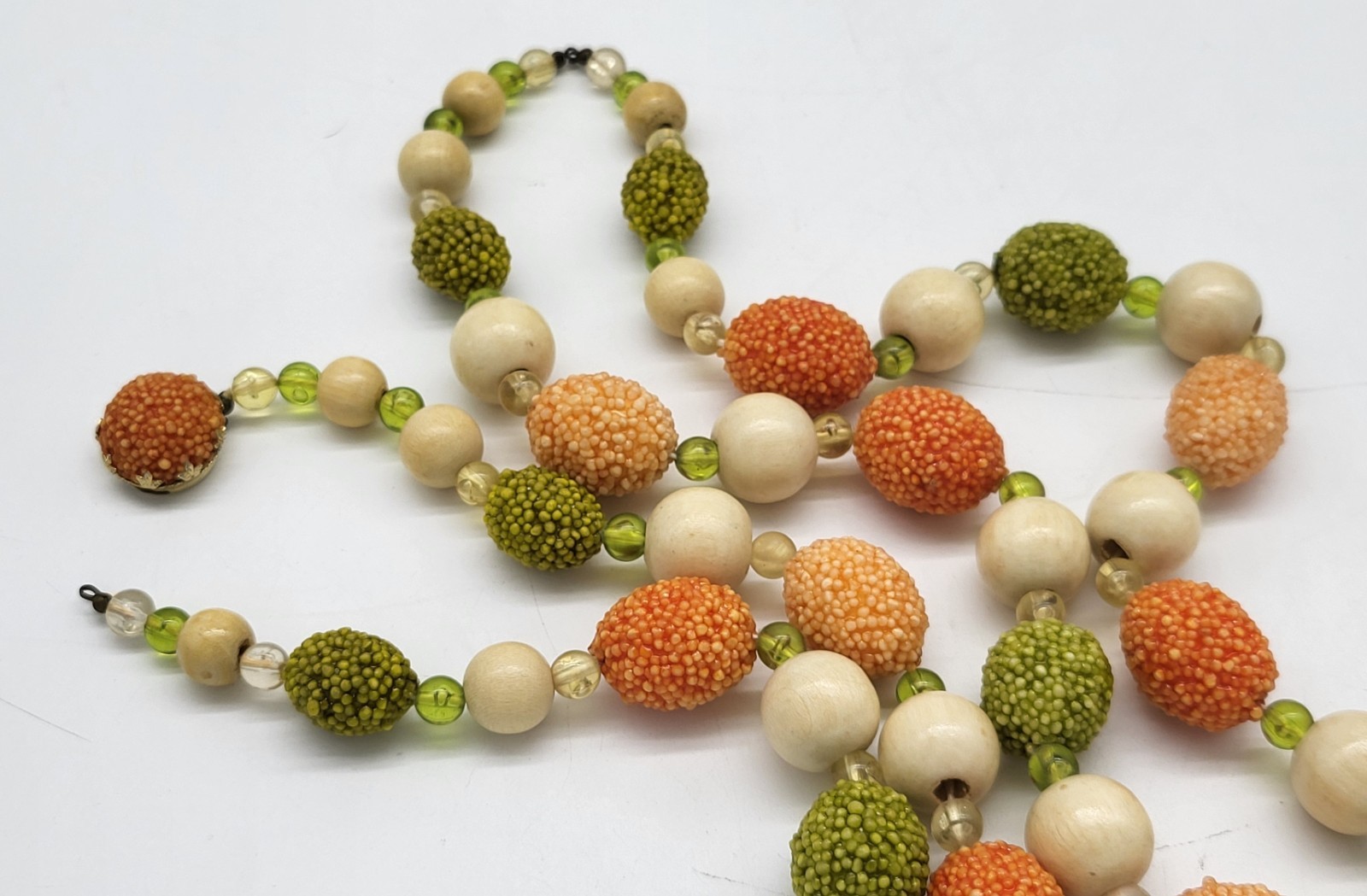 West Germany 28″ double stand popcorn bead necklace and matching clip earrings