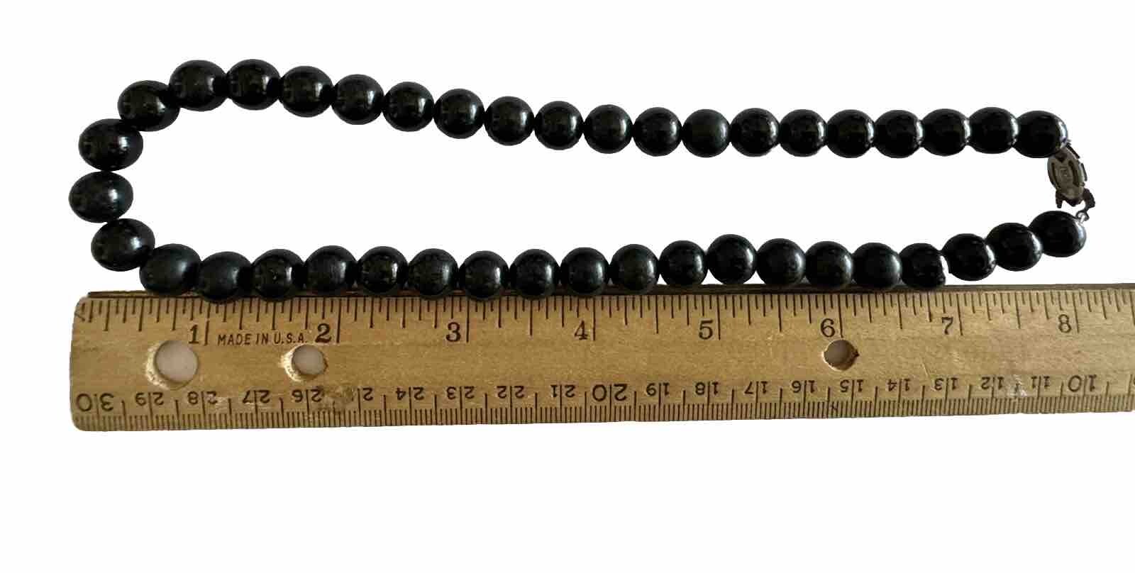 Black Onyx Beaded Necklace With Silver Fish Hook Clasp 16” 58g Weight