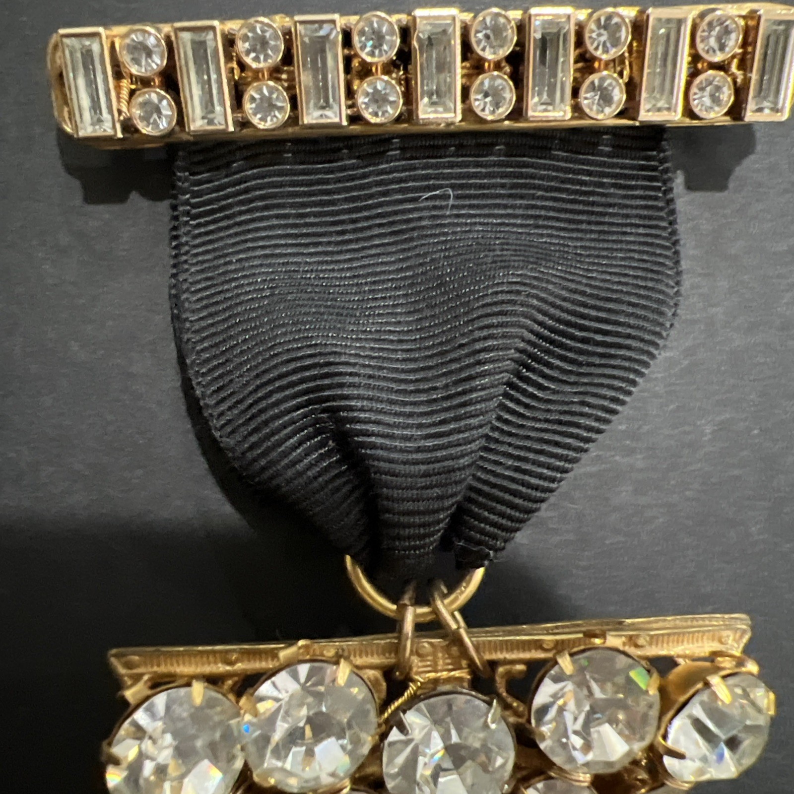 VTG. SIGNED MIRIAM HASKELL RHINESTONE MALTESE CROSS on RIBBON & CROSS BAR BROOCH