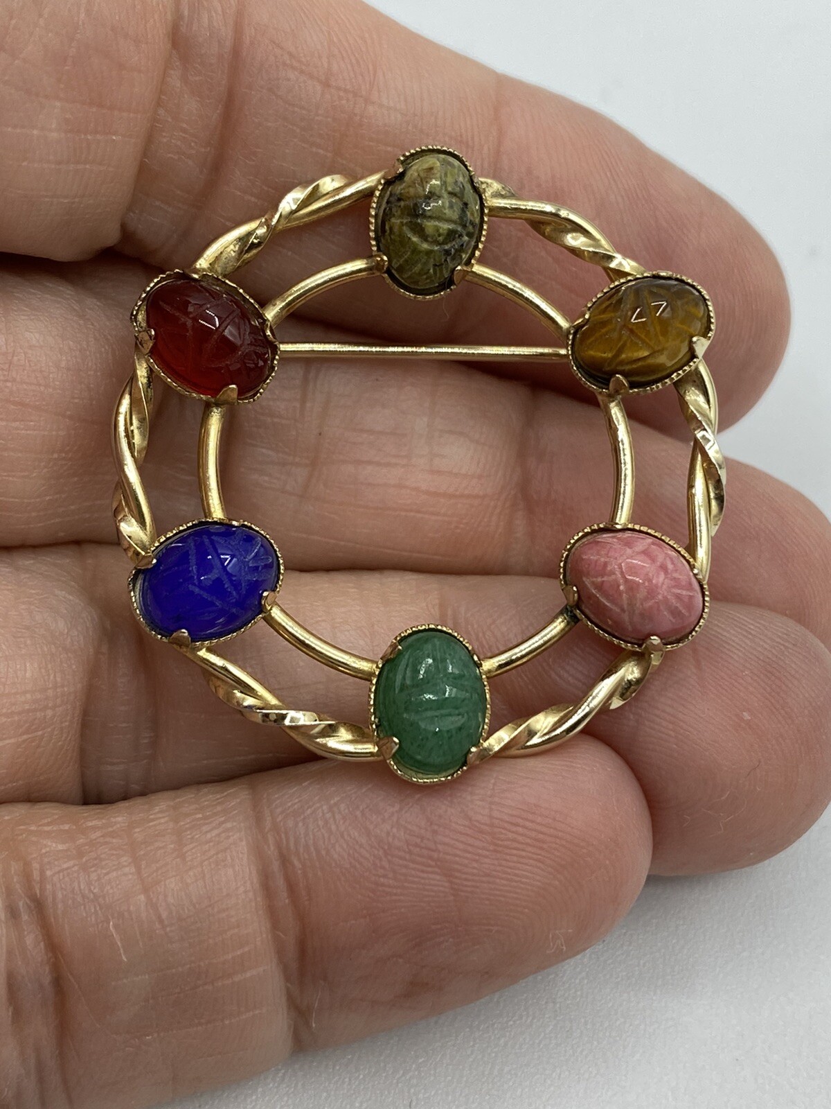 DIXELLE Brooch Signed SCARAB GEMSTONE ROUND PIN 1/20 12K GOLD FILLED 1 1/4″