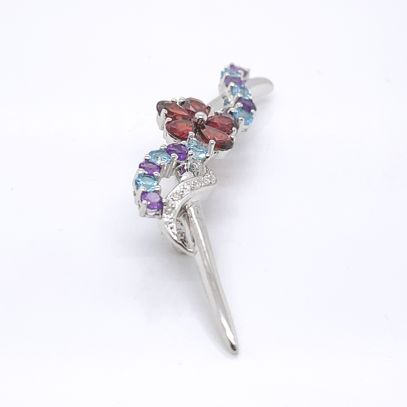 14 Karat White Gold, Diamond, Spinel, Amethyst, & Garnet Flower Brooch – 14k VR