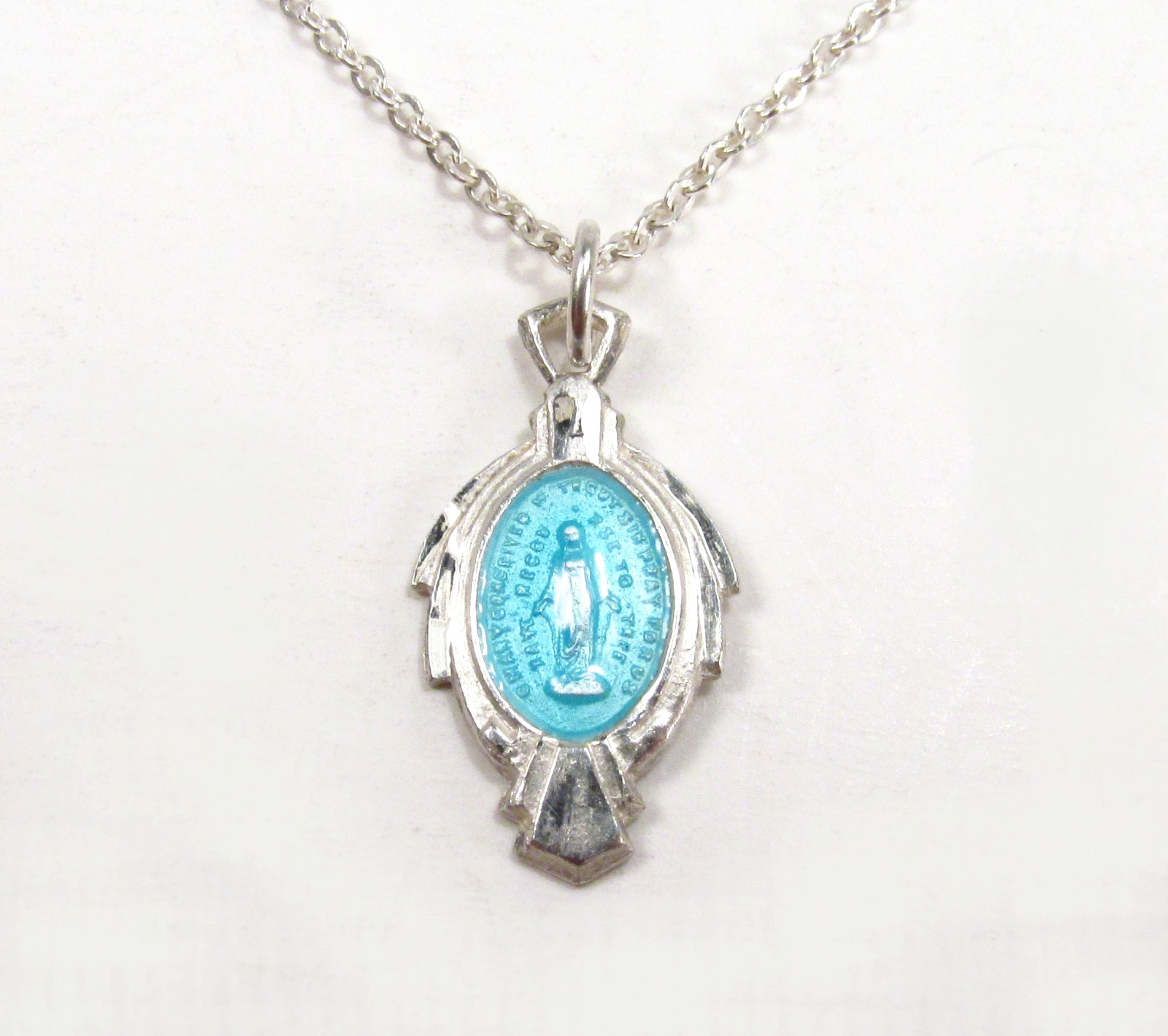 Vtg Catholic Miraculous Medal Sterling Silver Blue Enamel Art Deco Necklace 18″
