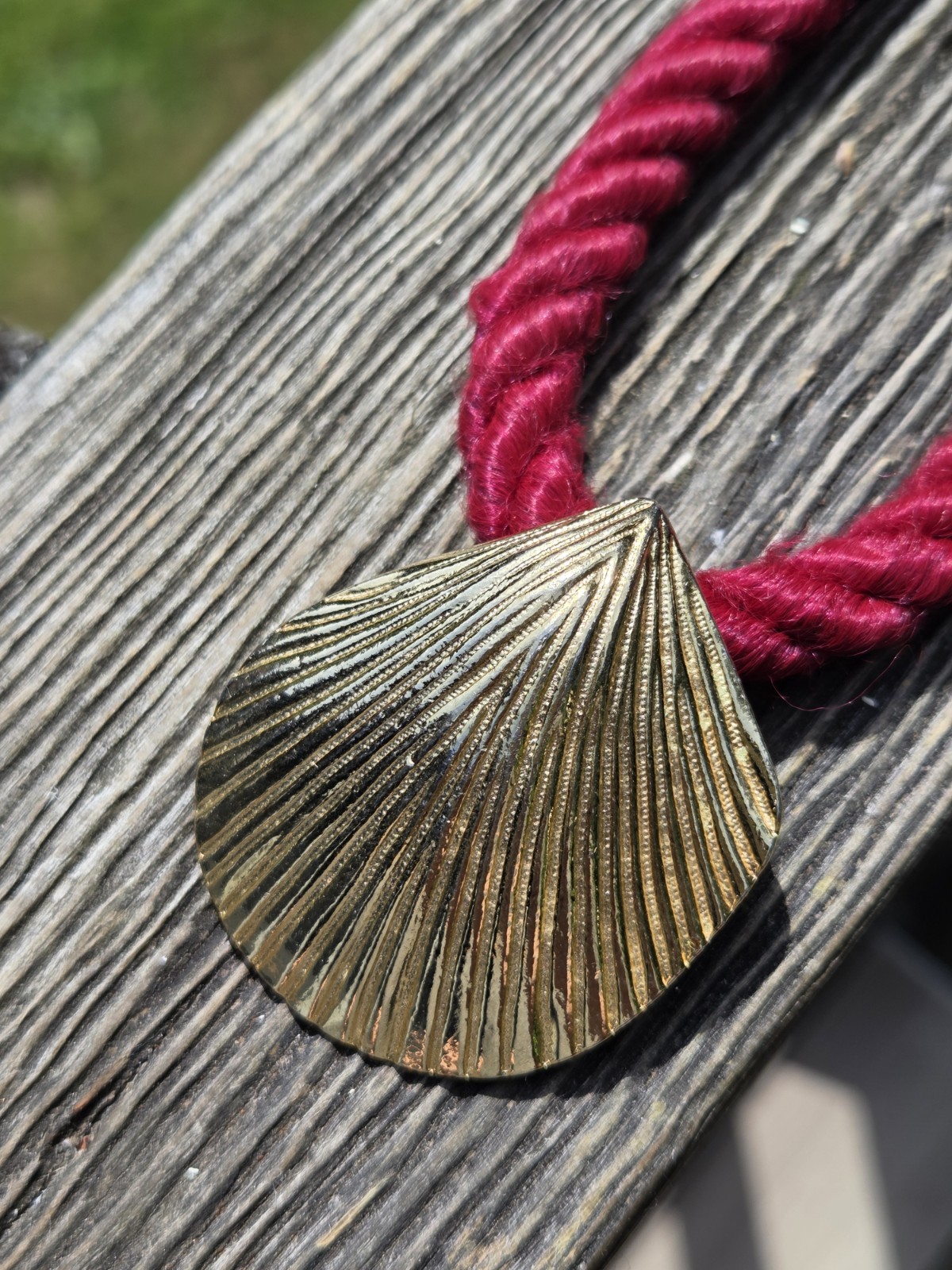 Vintage Gay Boyer Seashell Necklace Gold Tone Mermaid Red Rope Beach