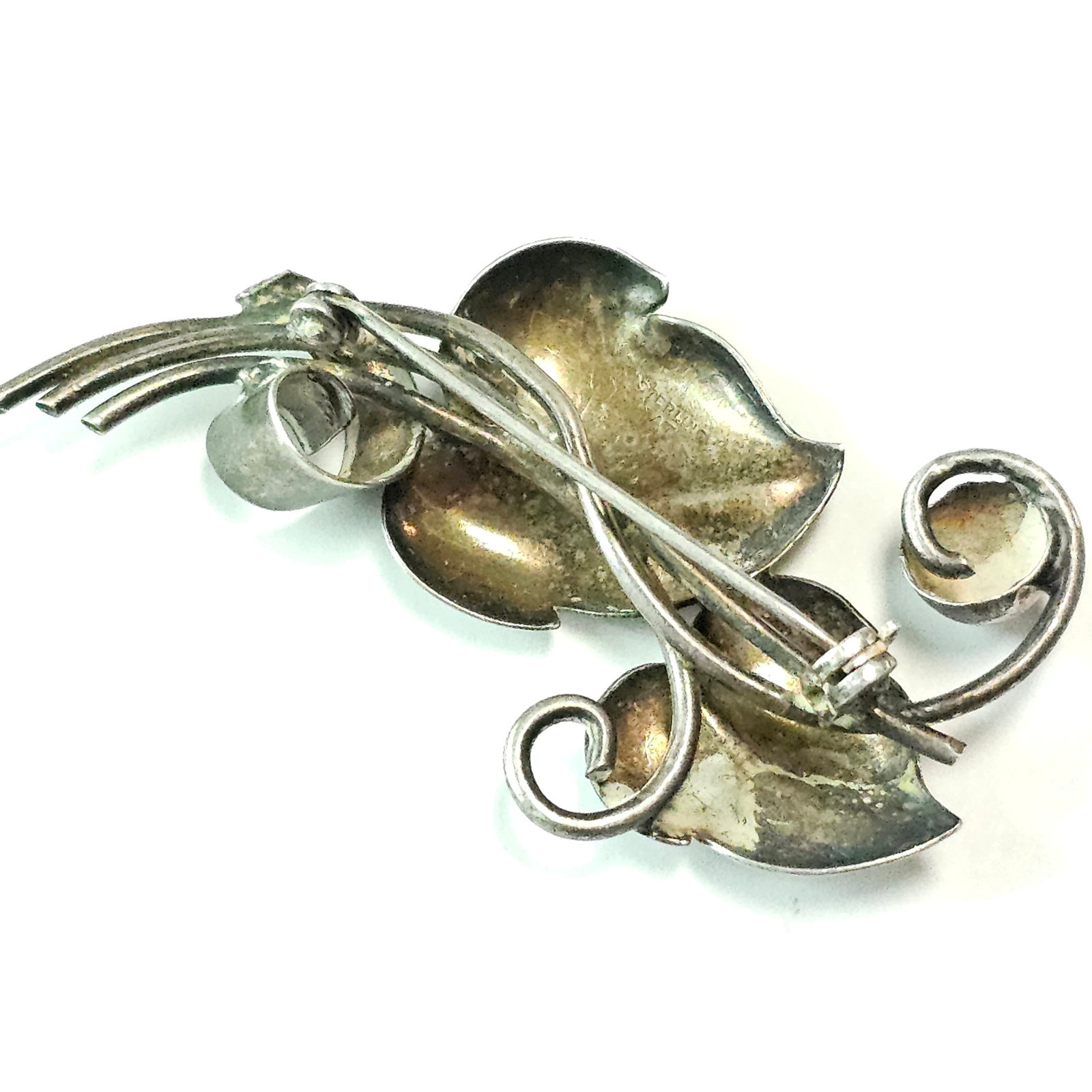 Vintage Sterling Silver Leaf Brooch, Art Deco Style, 2 3/8″