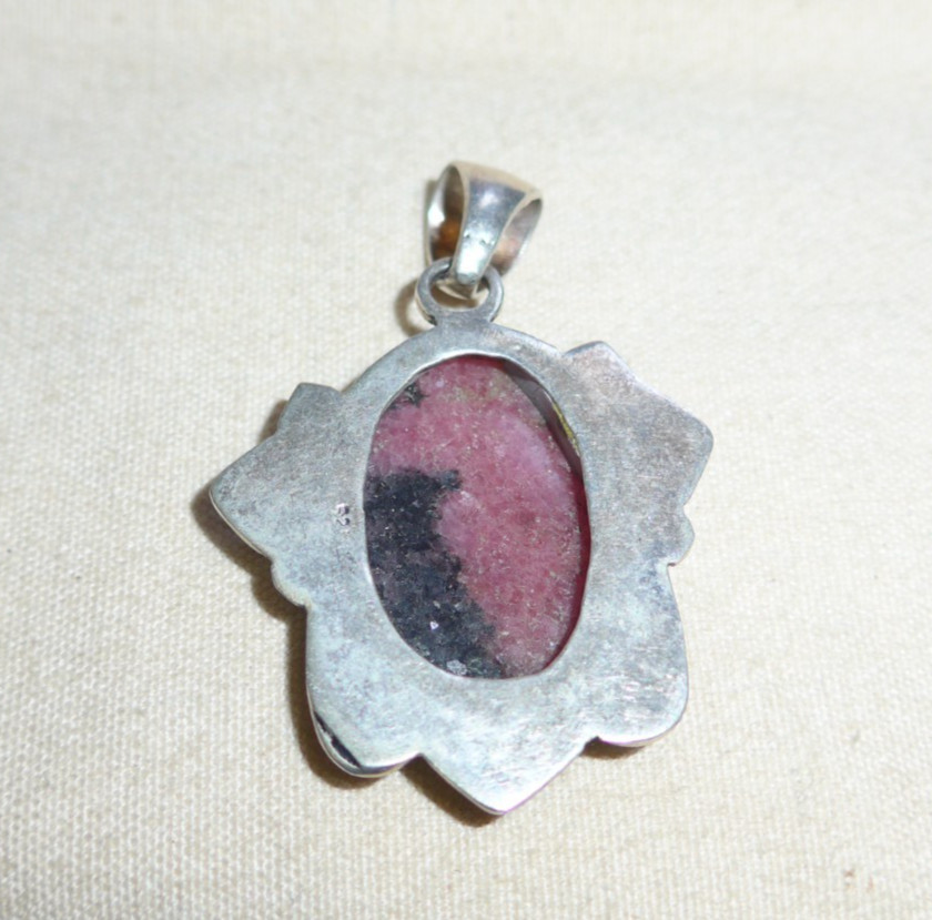925 Sterling Silver Vintage Rhodonite Gemstone Large Pendant