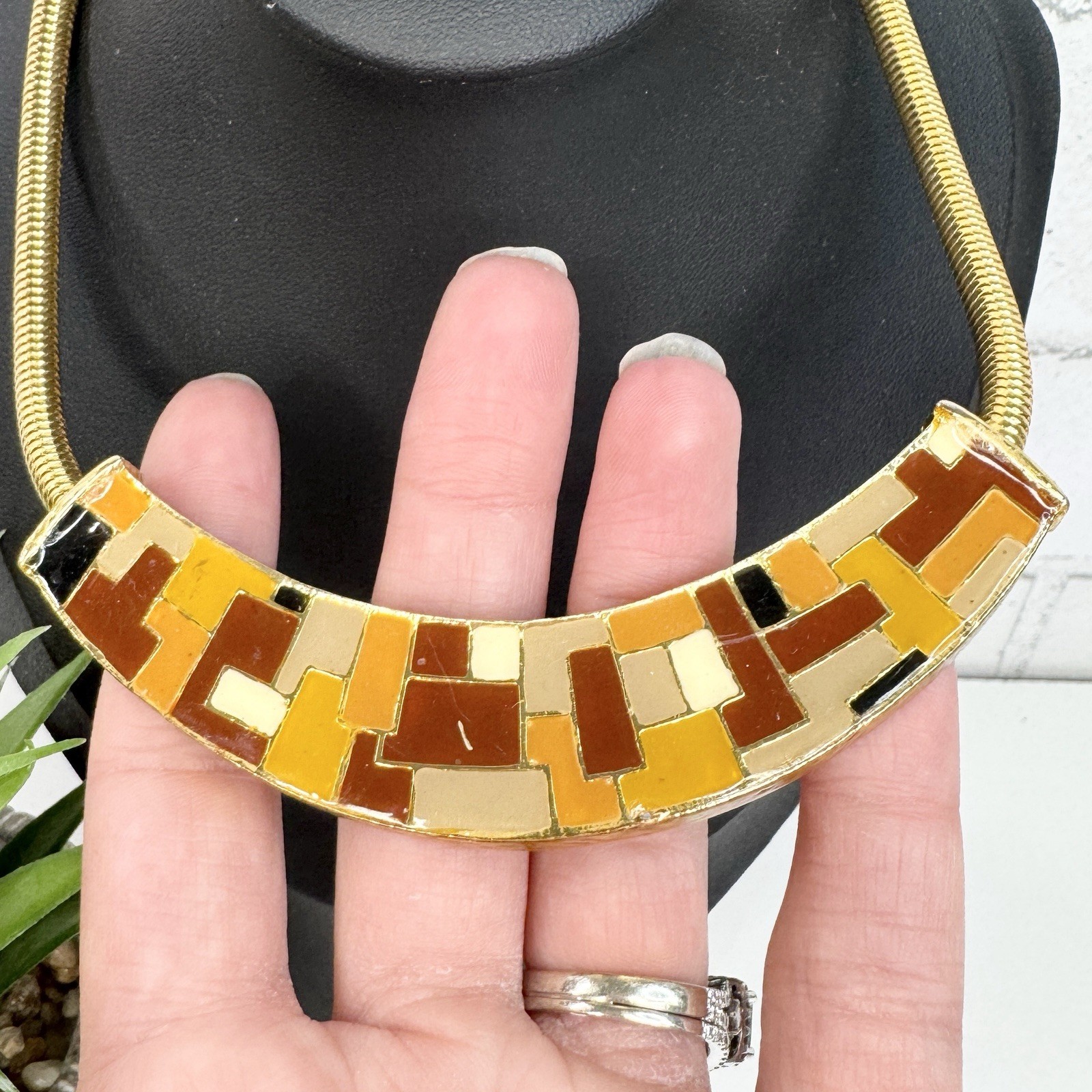 Vintage Neutral Tone Mosaic Enamel Gold Tone Necklace Tan Brown Yellow Orange