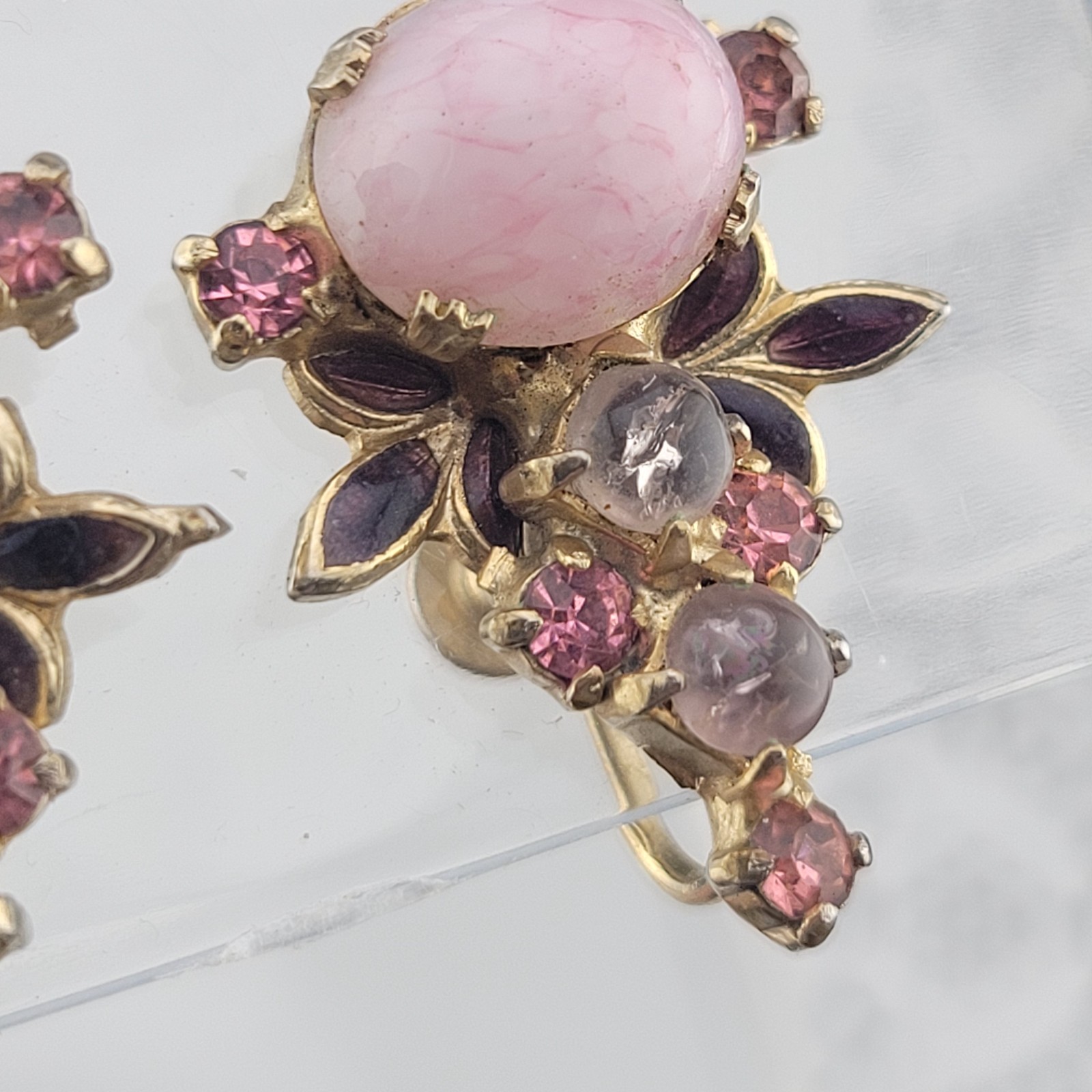 Victorian Pink Molded Glass Gripoix Cabochon Purple Enamel Screw Earrings 1 1/8″