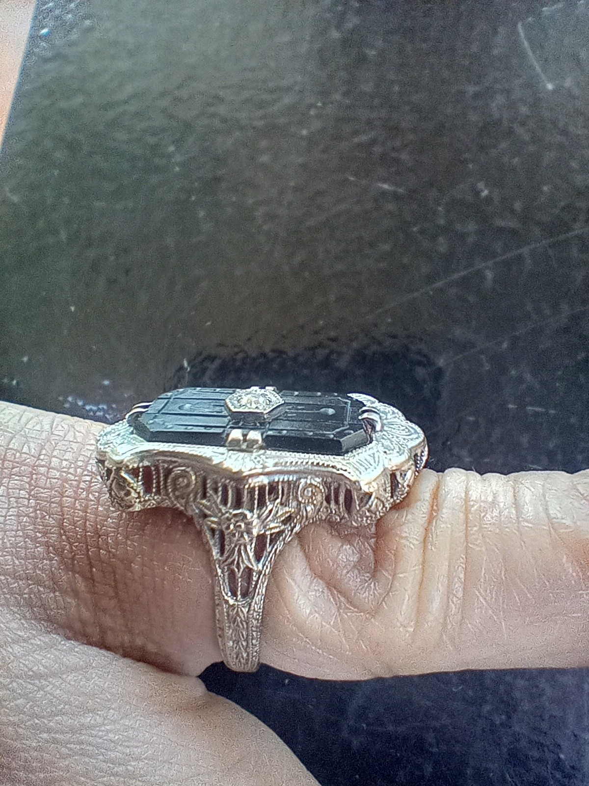 Antique Victorian style 14K White Gold Diamond Onyx Ring 3.59g, Size 4, c 1910