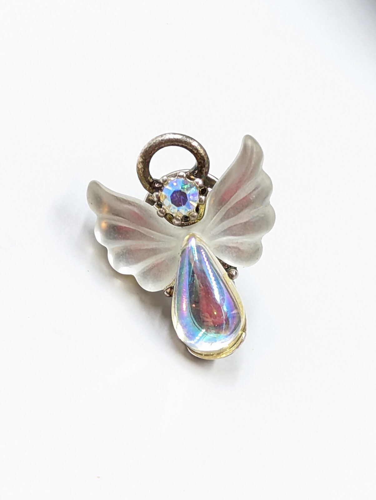 Rare! Vintage LIT USA Silver Tone Faux AB Lucite & Rhinestone Angel Pin K055