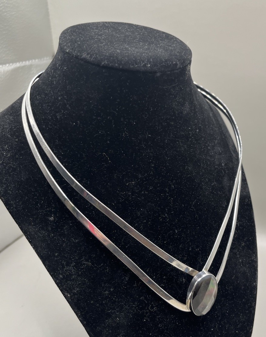 EUC Dominique Dinouart DDD Mexico Abalone Faceted Sterling Collar Necklace 18″
