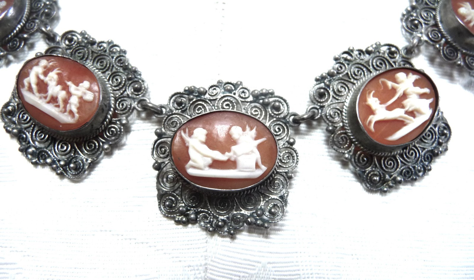 FABULOUS RARE ANTIQUE STERLING 800 SHELL CAMEO CANNETILLE CUPID CHARIOT NECKLACE