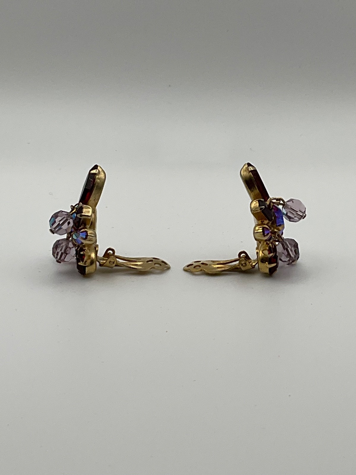 Signed Kramer Ruby Red AB Rhinestone Dangle Clip On Earrings VTG
