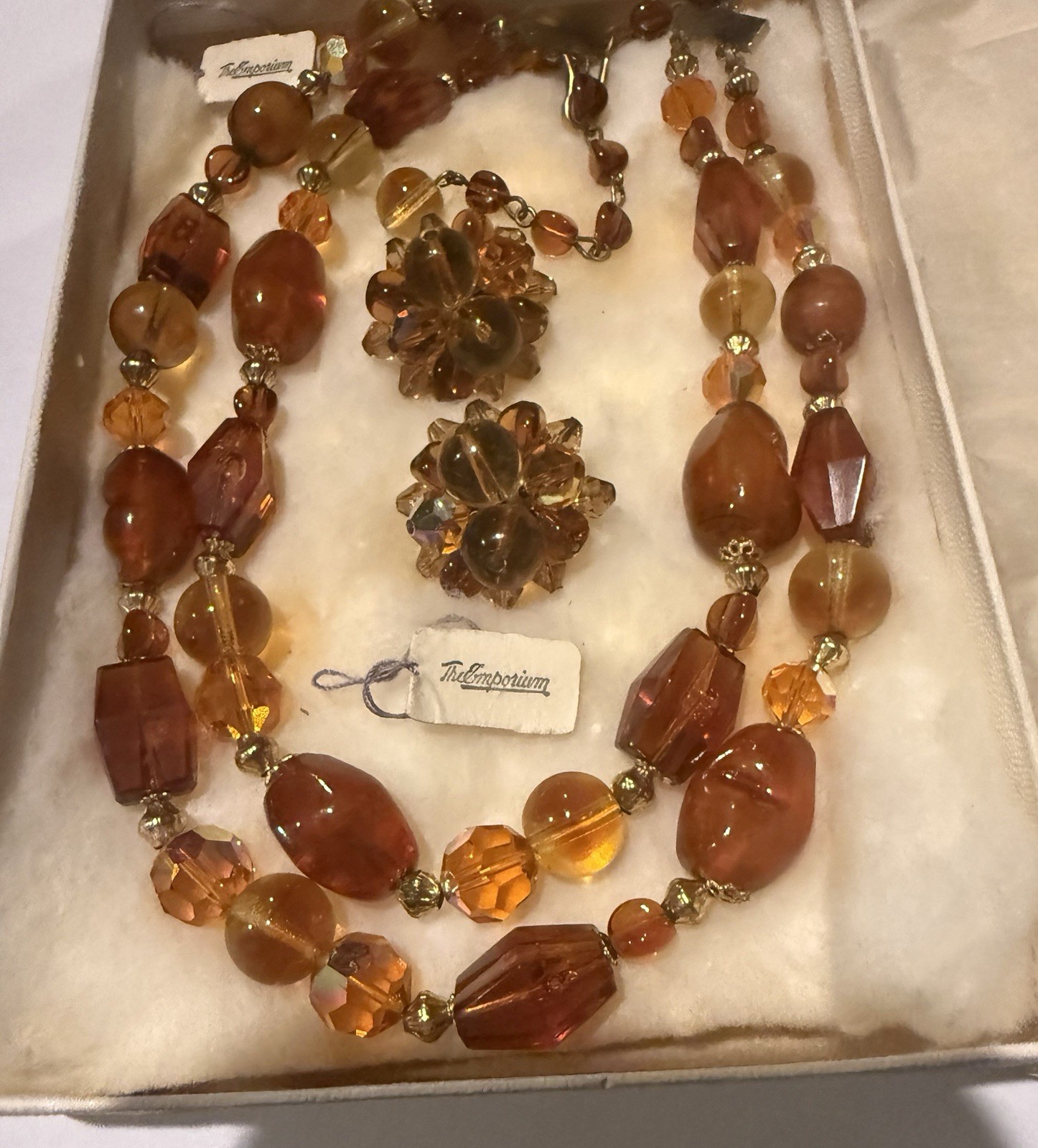 Stunning 1960s The Emporium Multi-Strand Amber Bead Statement Necklace & Earring