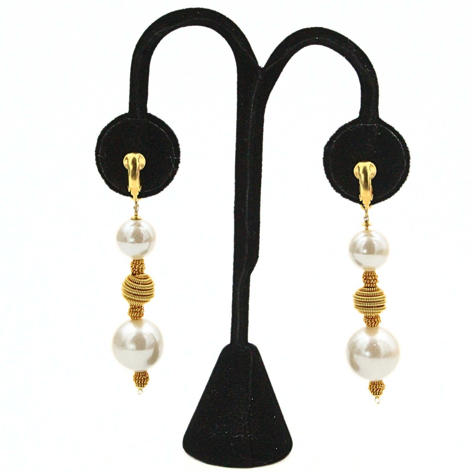 Marvelous Classic Faux Pearl Textured Gold Plate Long Dangle Drop Earrings