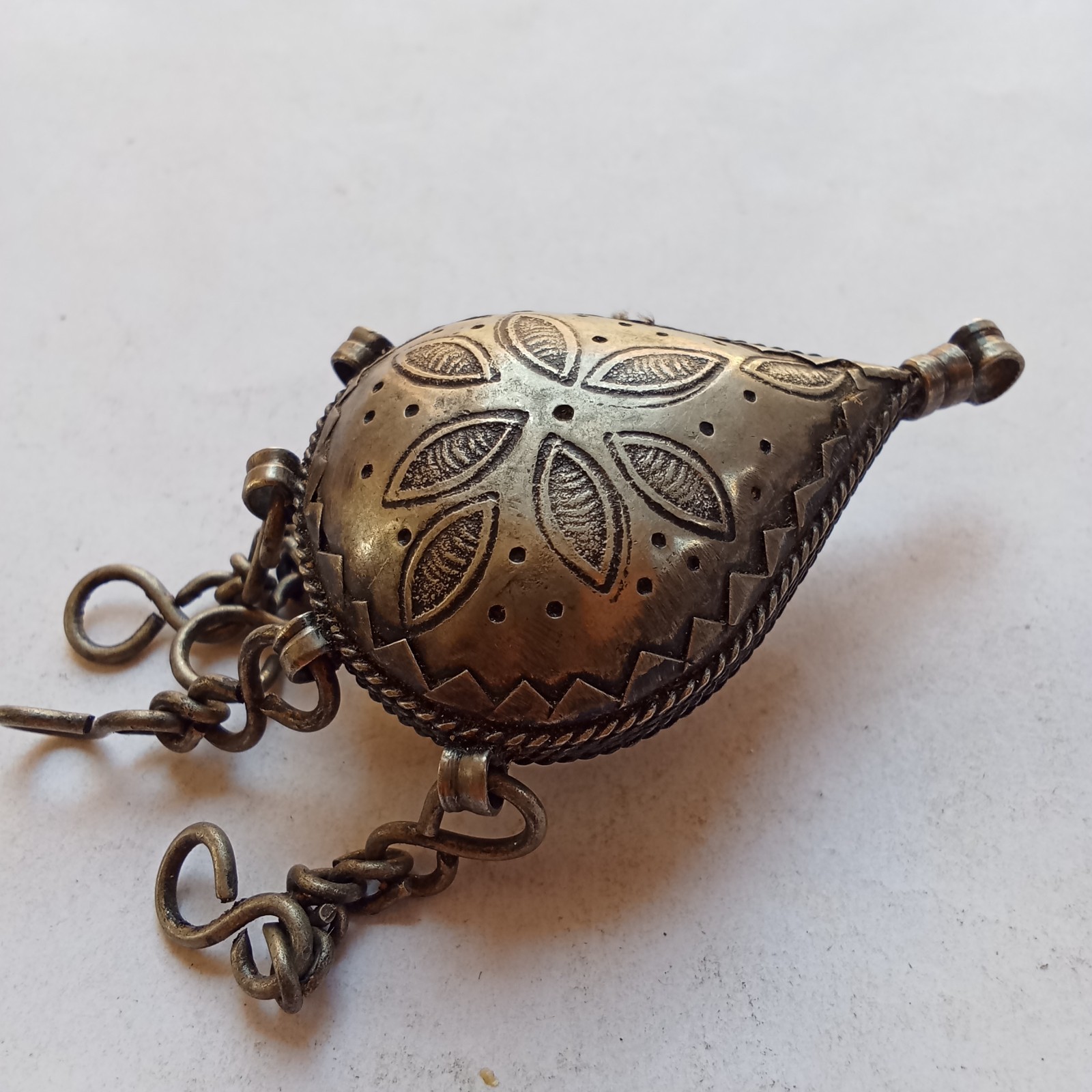 Antique Silver Tone Bedouin Prayer Box Necklace Dangle Bells