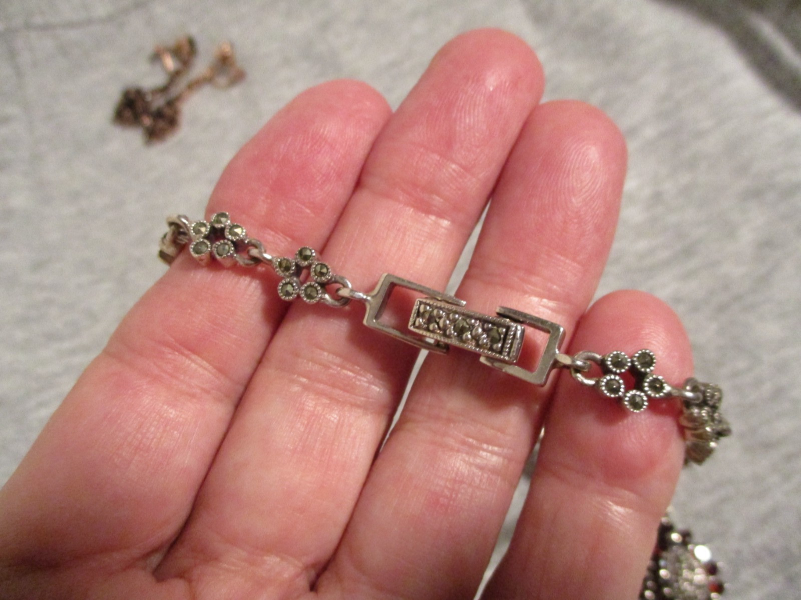 vintage GARNET necklace Sterling Silver 925 Czech 2 oz. sparkly Marcasites 17.5″