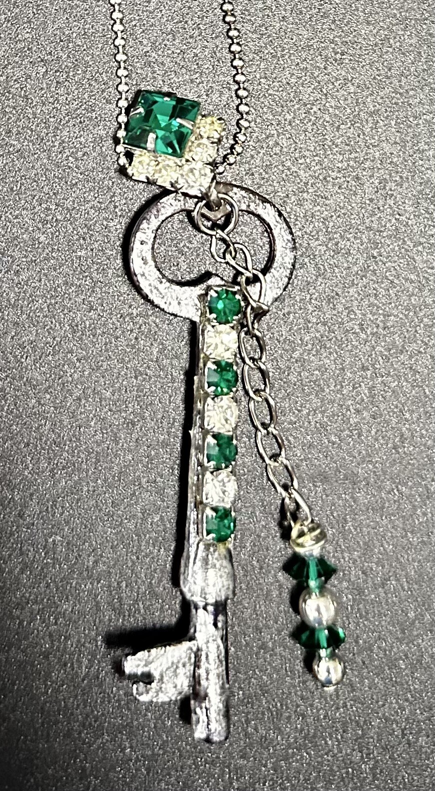 Vintage Key Necklace with Green Stones & Chain Included Newly Made by Artist